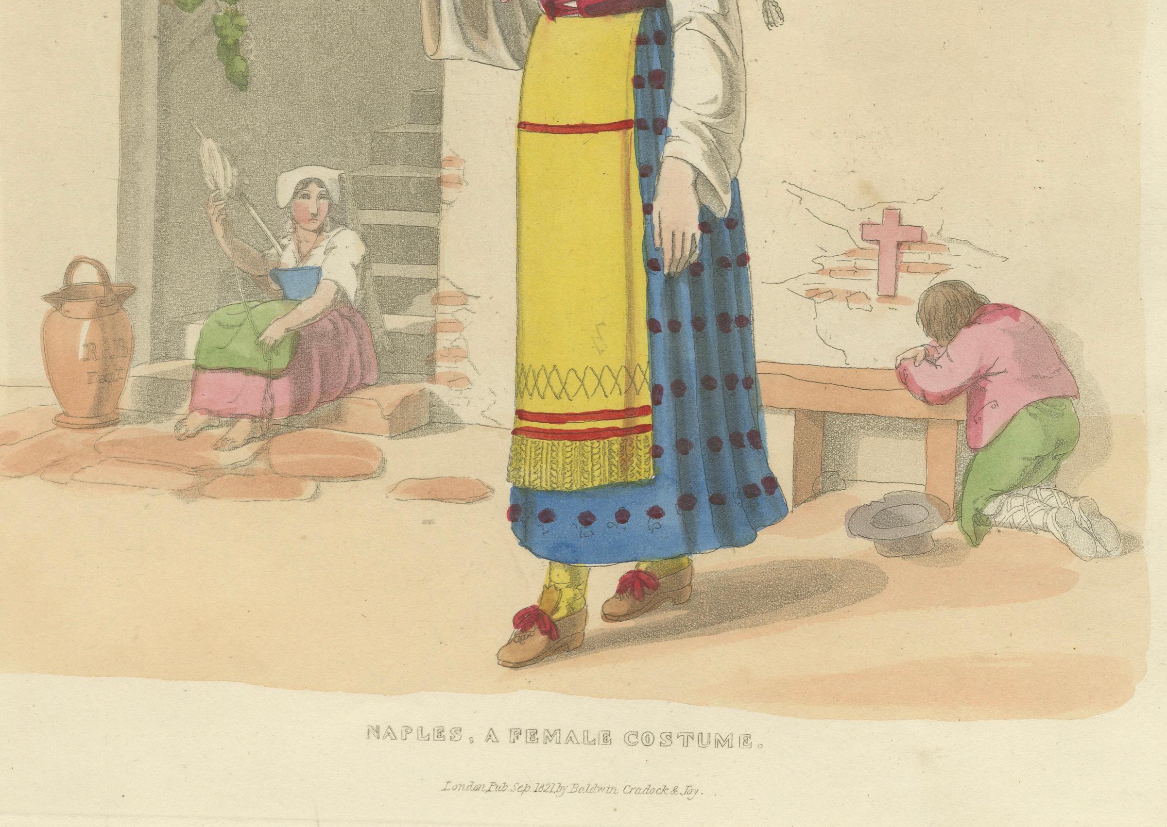 Début du XIXe siècle Gravure en costume d'une femme de Naples avec des raisins, publiée à Londres en 1824 en vente