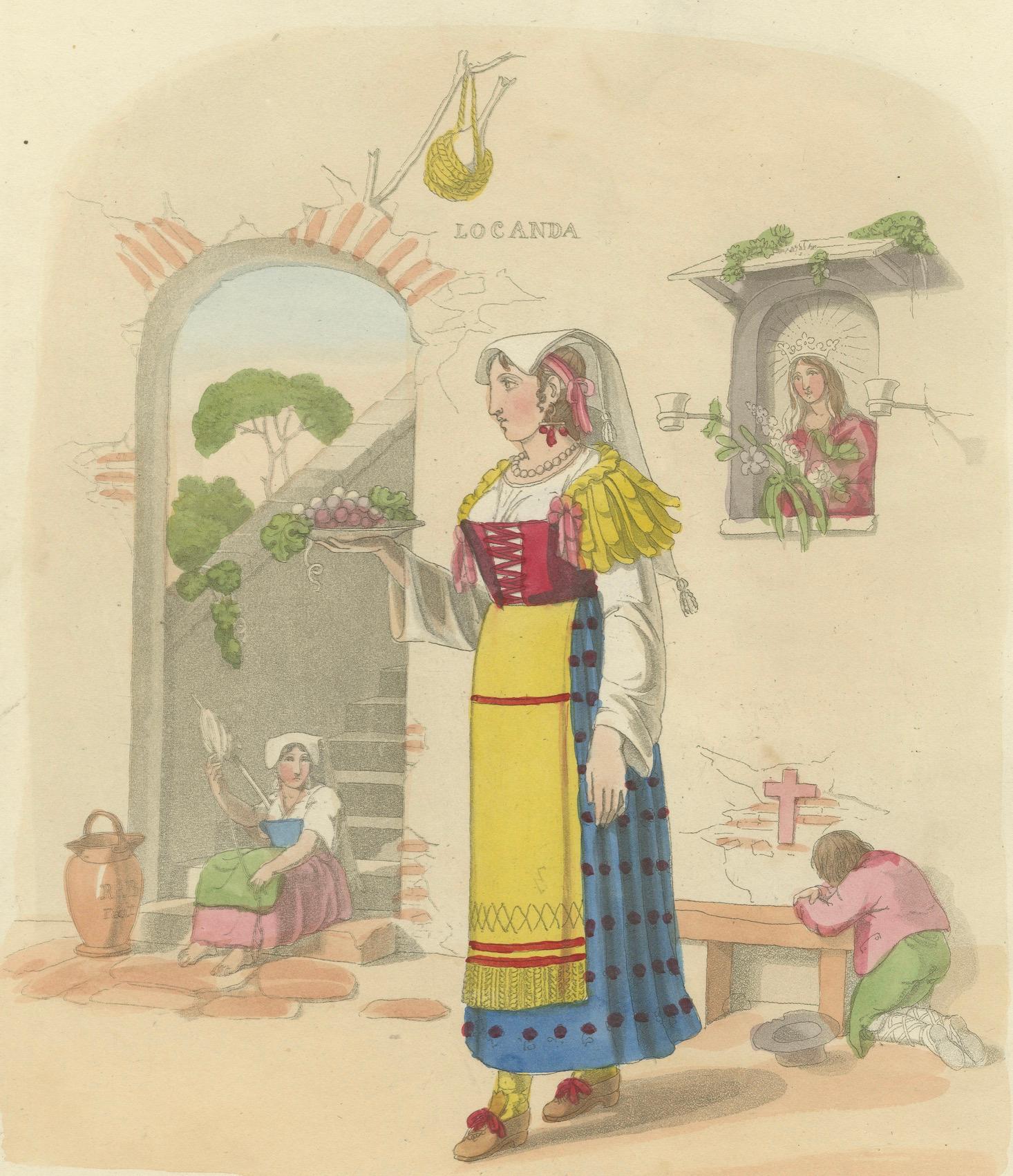 Papier Gravure en costume d'une femme de Naples avec des raisins, publiée à Londres en 1824 en vente