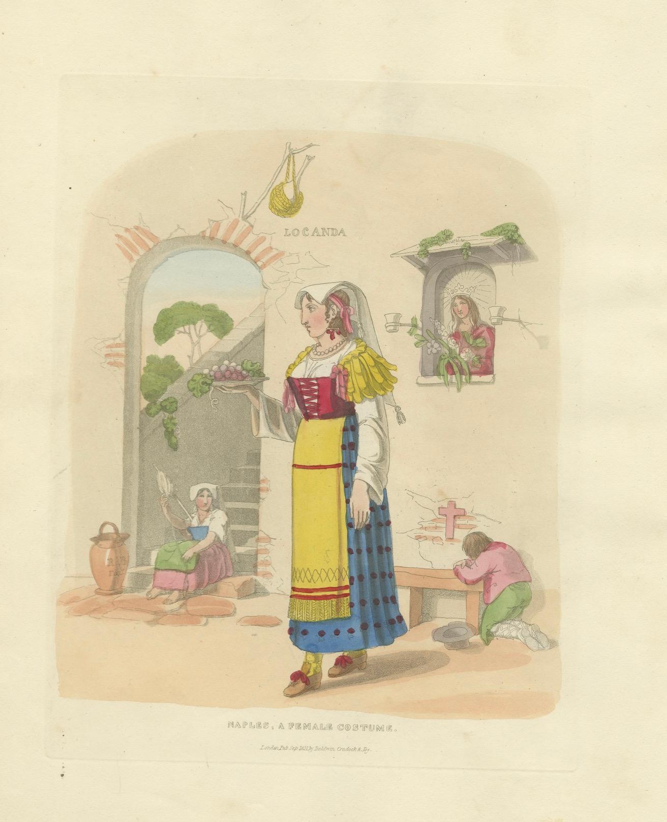Gravure en costume d'une femme de Naples avec des raisins, publiée à Londres en 1824 en vente 1