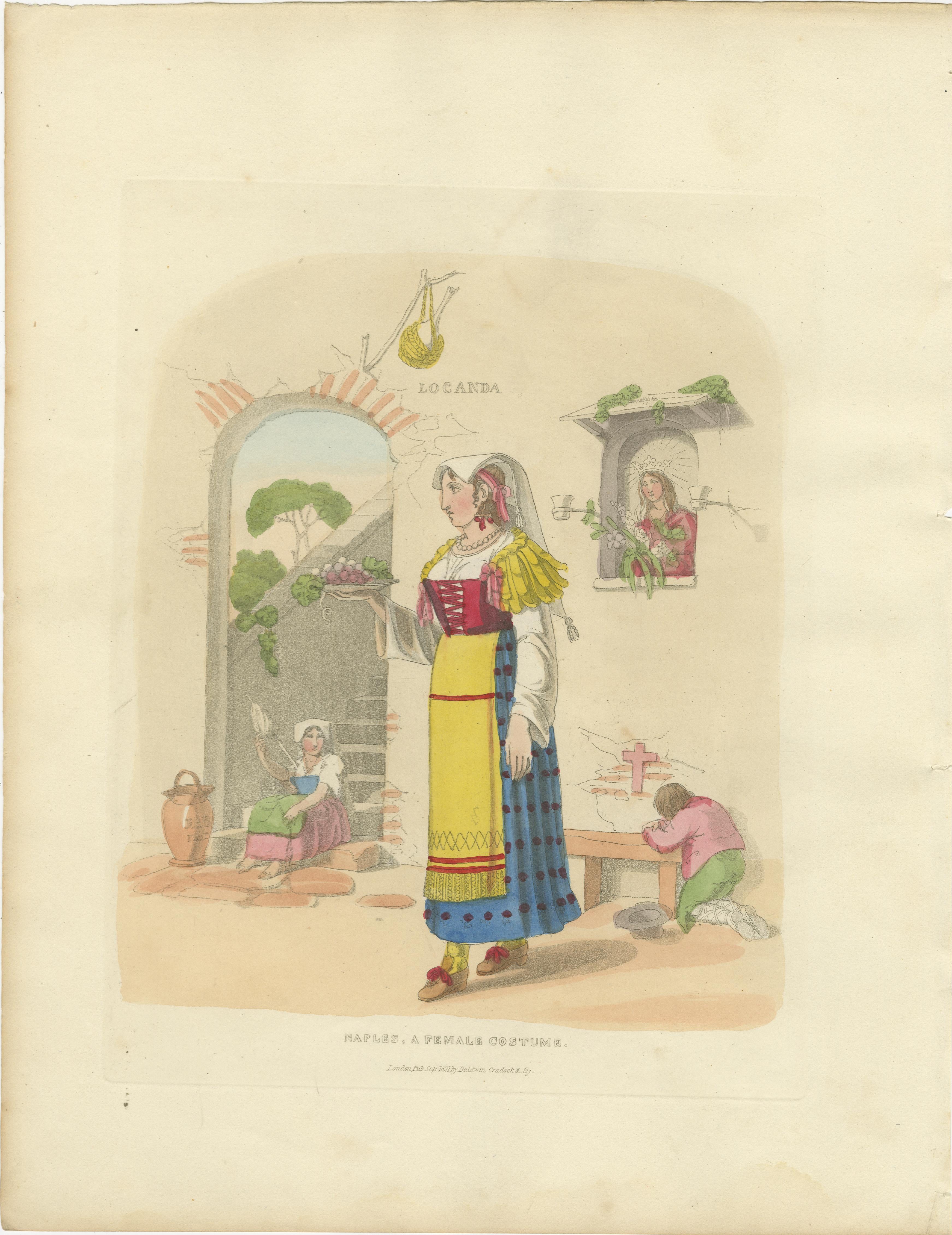 Gravure en costume d'une femme de Naples avec des raisins, publiée à Londres en 1824 en vente 2