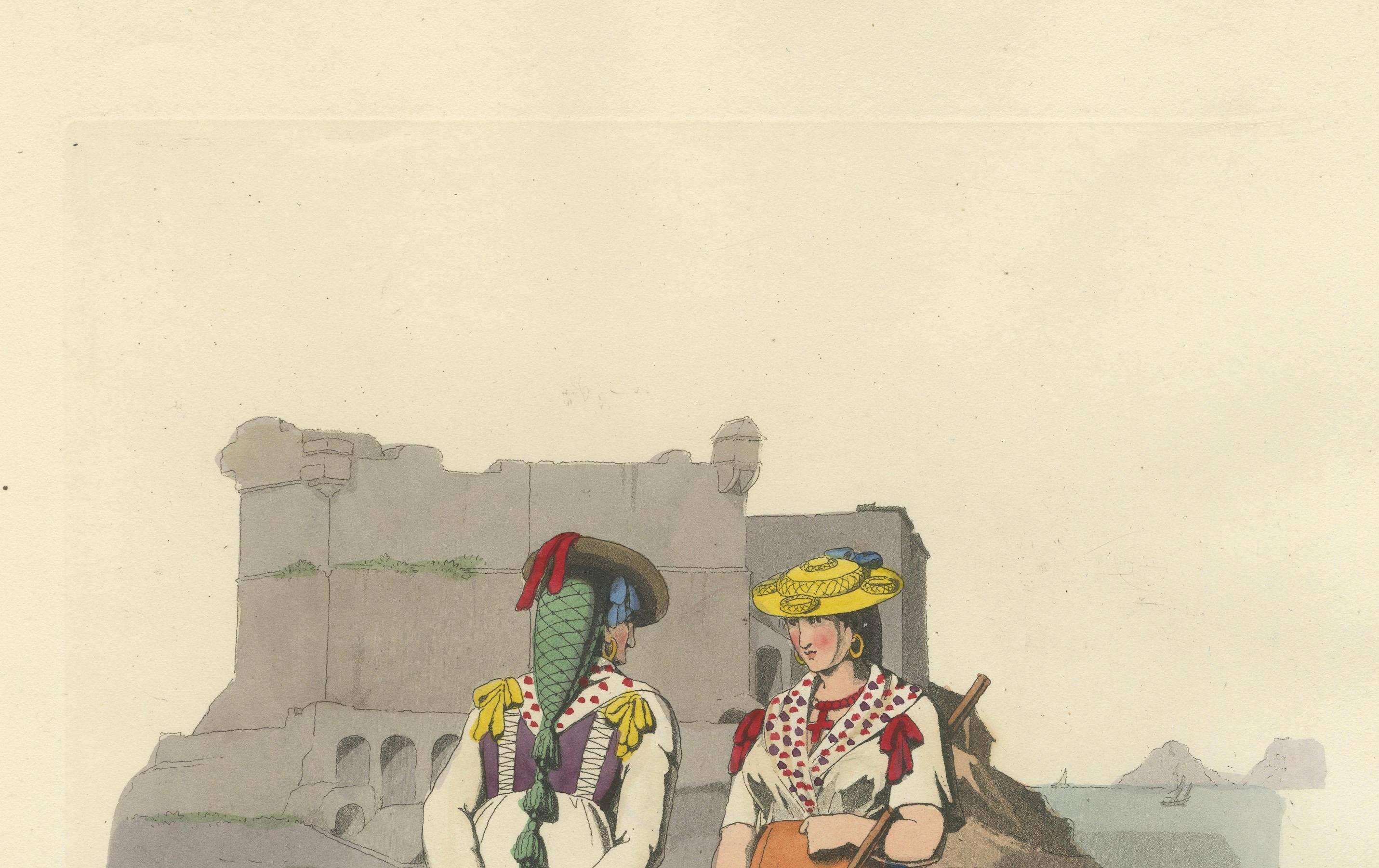 Kostümdruck: Bäuerinnen in Lerici, Handkolorierter Kupferstich aus den 1820er Jahren

Beschreibung:
Dieser auffällige handkolorierte Stich zeigt zwei Bäuerinnen in traditioneller Kleidung, die vor den antiken Ruinen von Lerici, einer charmanten