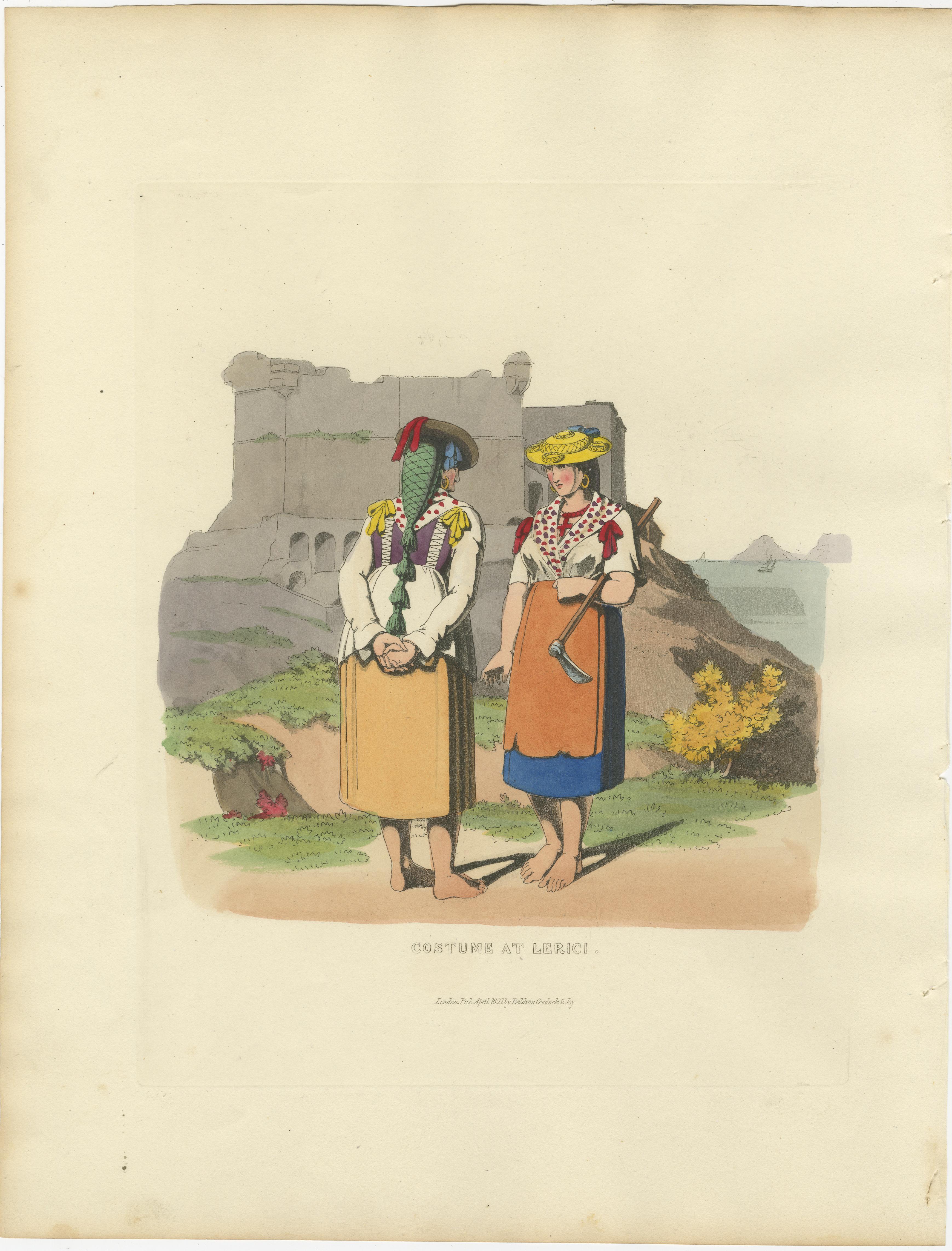 Kostümdruck: Bäuerinnen in Lerici in Italien, Handkolorierter Kupferstich aus den 1820er Jahren im Angebot 3