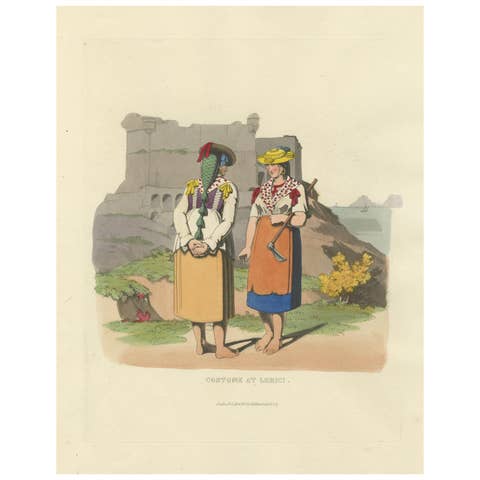 Costume Print: Peasant Women at Lerici in Italy, 1820s Hand-Colored Engraving
