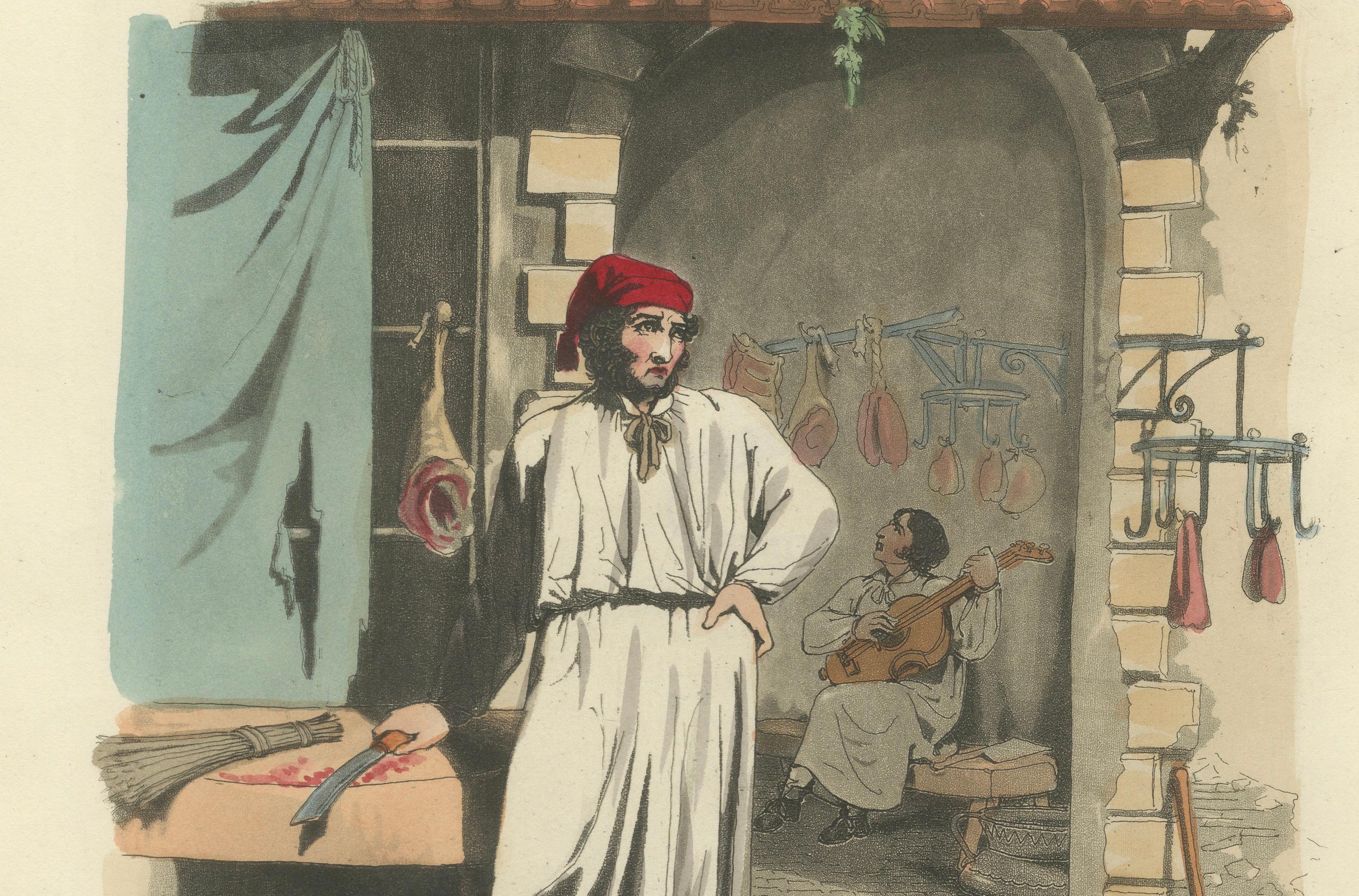 Kostümdruck: Römischer Metzger bei der Arbeit, Handkolorierter Kupferstich aus den 1820er Jahren

Dieser stimmungsvolle handkolorierte Stich mit dem Titel 