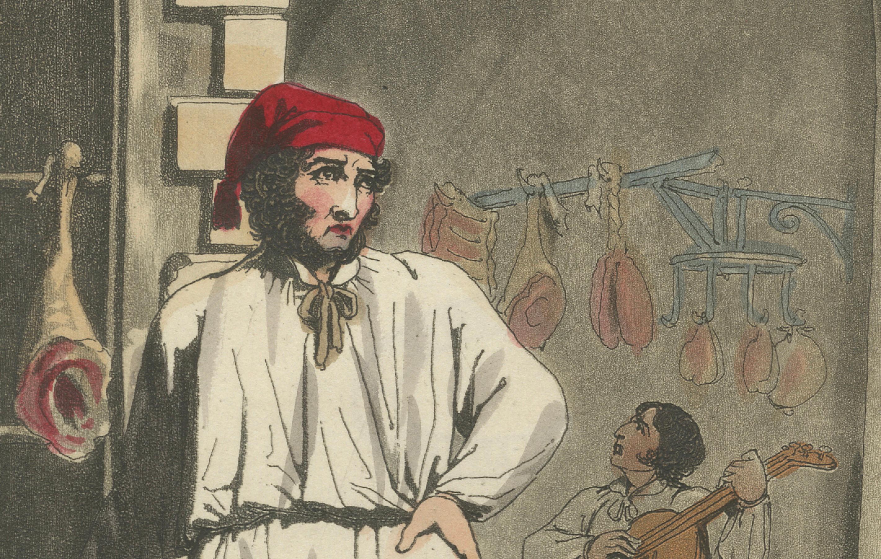 Kostümdruck: Römischer Metzger bei der Arbeit, Handkolorierter Kupferstich aus den 1820er Jahren (Papier) im Angebot
