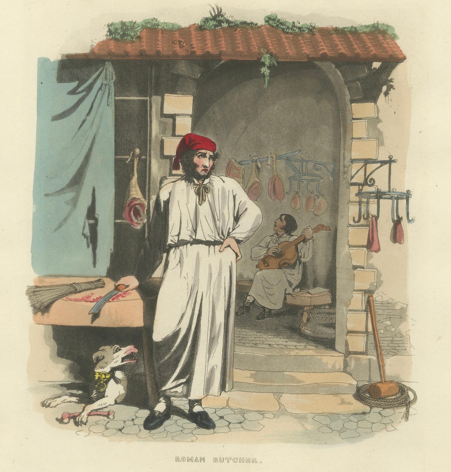 Kostümdruck: Römischer Metzger bei der Arbeit, Handkolorierter Kupferstich aus den 1820er Jahren im Angebot 1