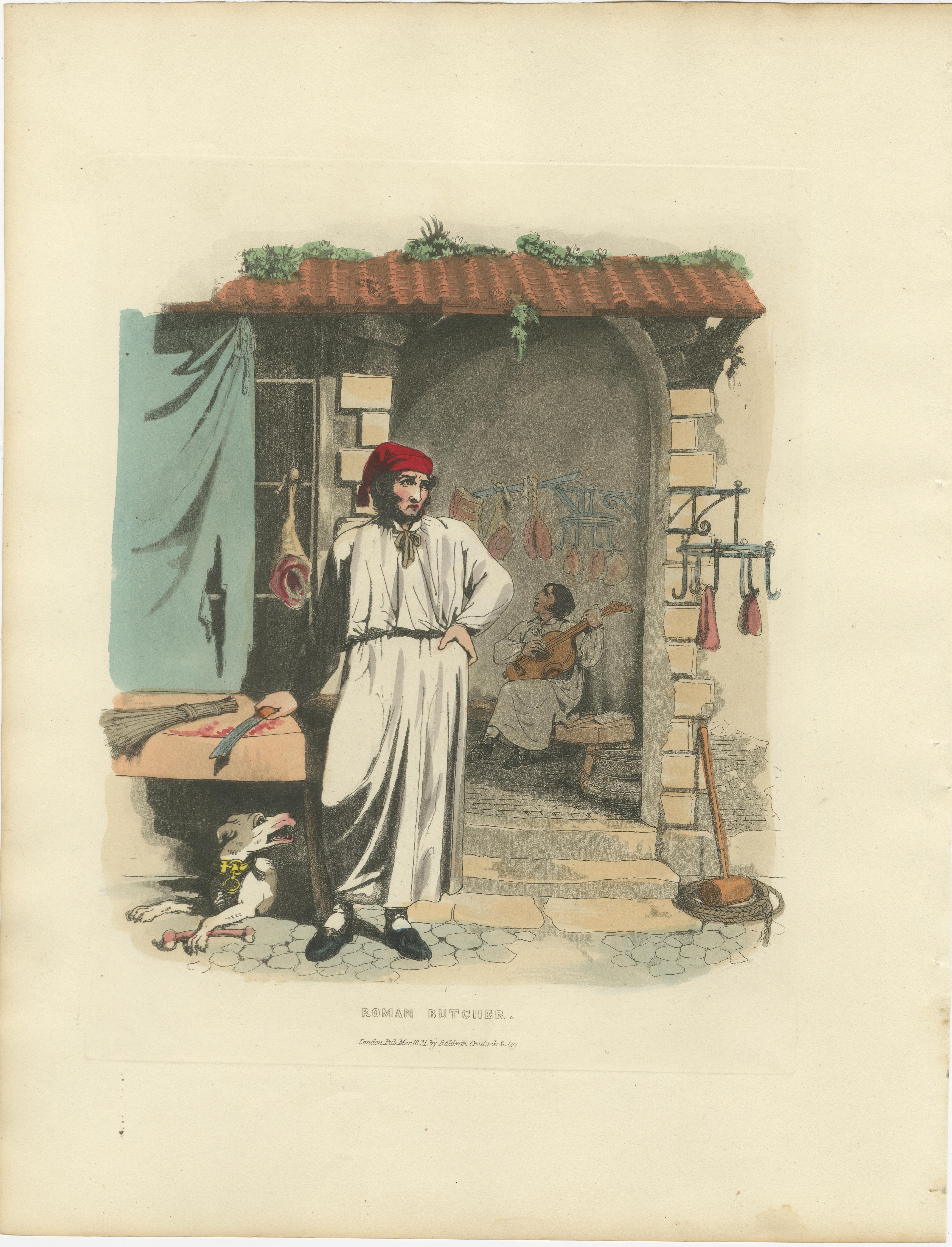 Kostümdruck: Römischer Metzger bei der Arbeit, Handkolorierter Kupferstich aus den 1820er Jahren im Angebot 3