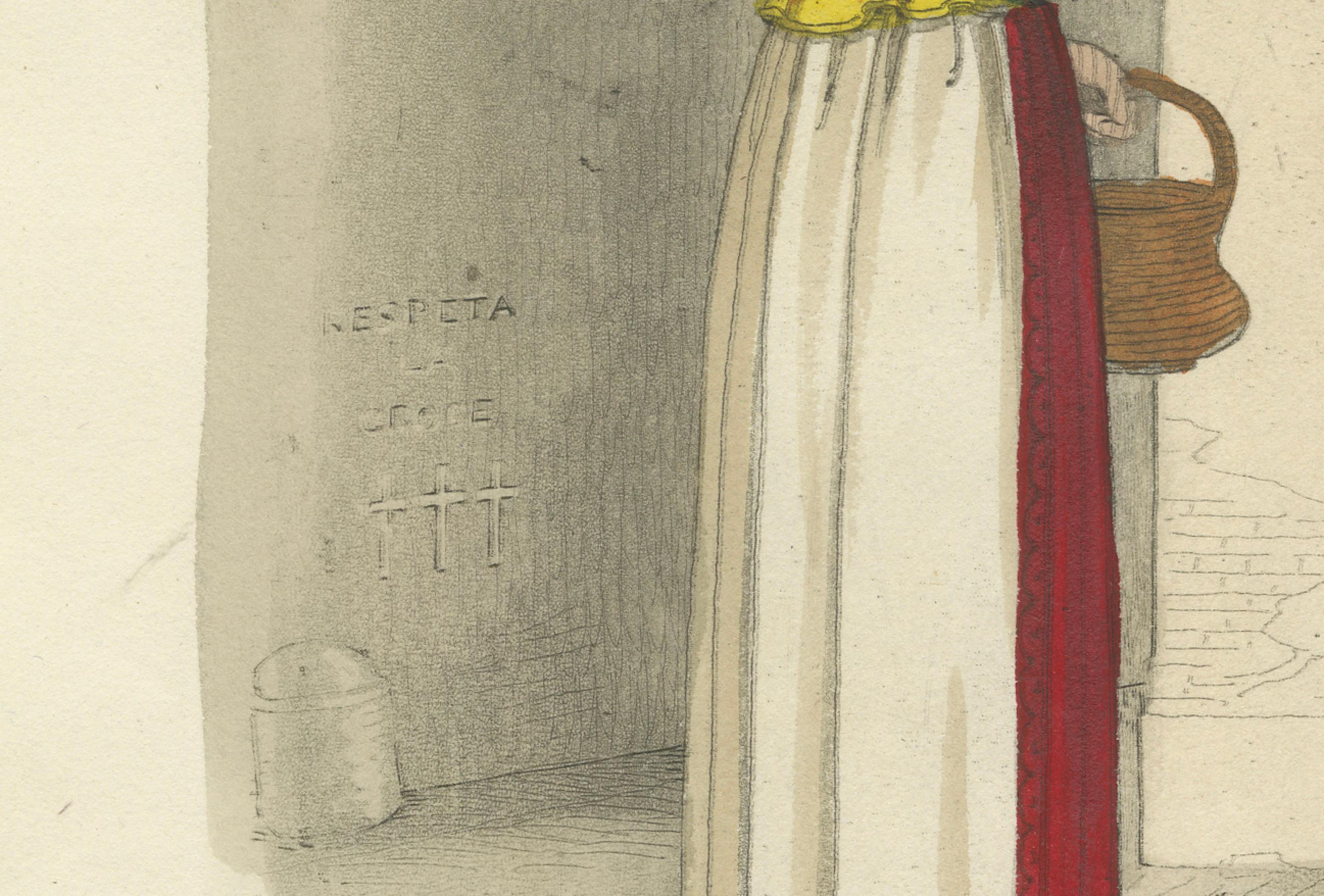 Gravure sur costume : Costume traditionnel de Rome, gravure à la main de 1820

Cette charmante gravure coloriée à la main représente deux personnages en costume traditionnel de Rome, en Italie, capturant un moment de conversation animée dans la rue.
