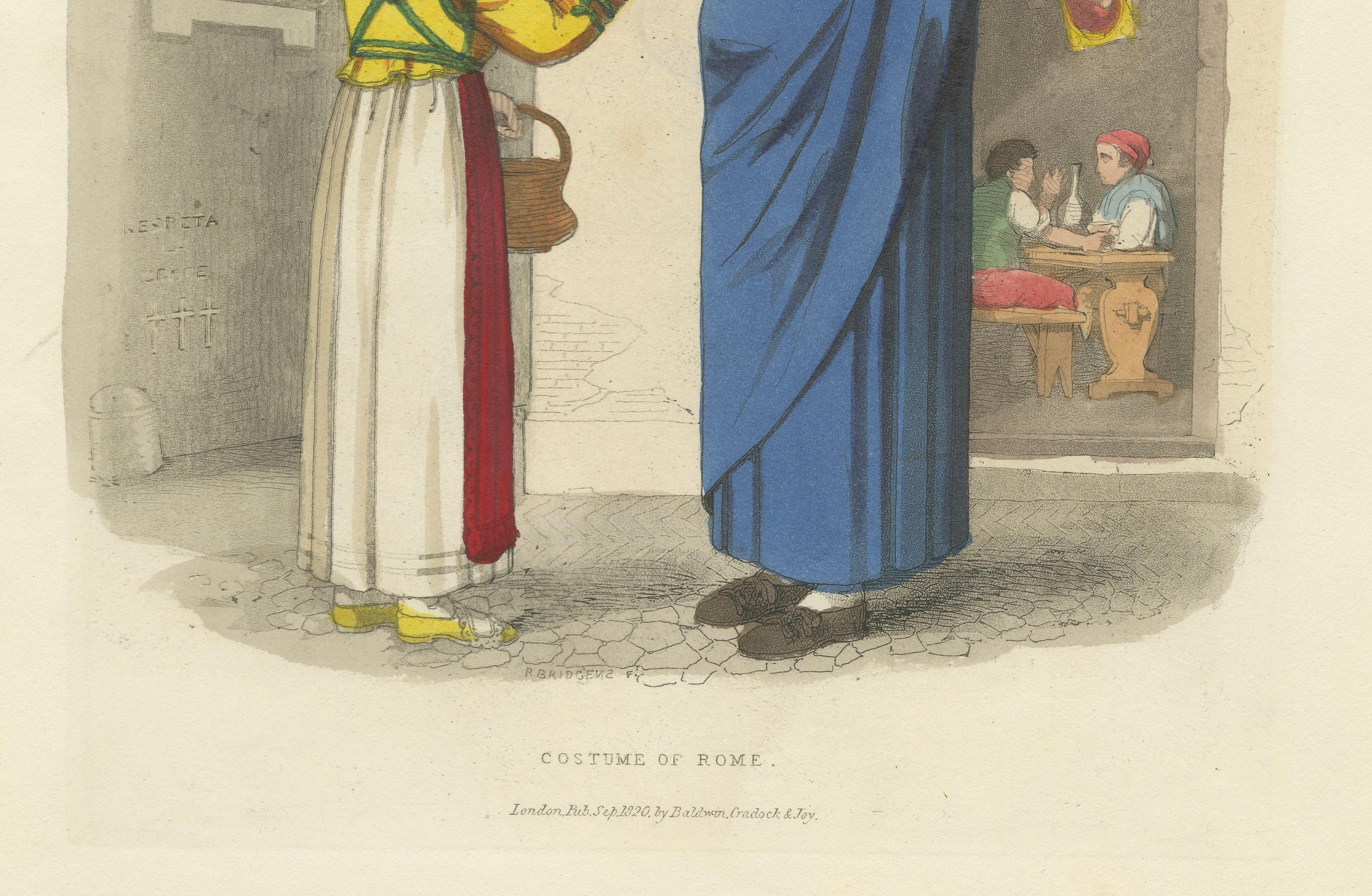 Gravure sur costume : Costume traditionnel de Rome, gravure à la main de 1820 Bon état - En vente à Langweer, NL