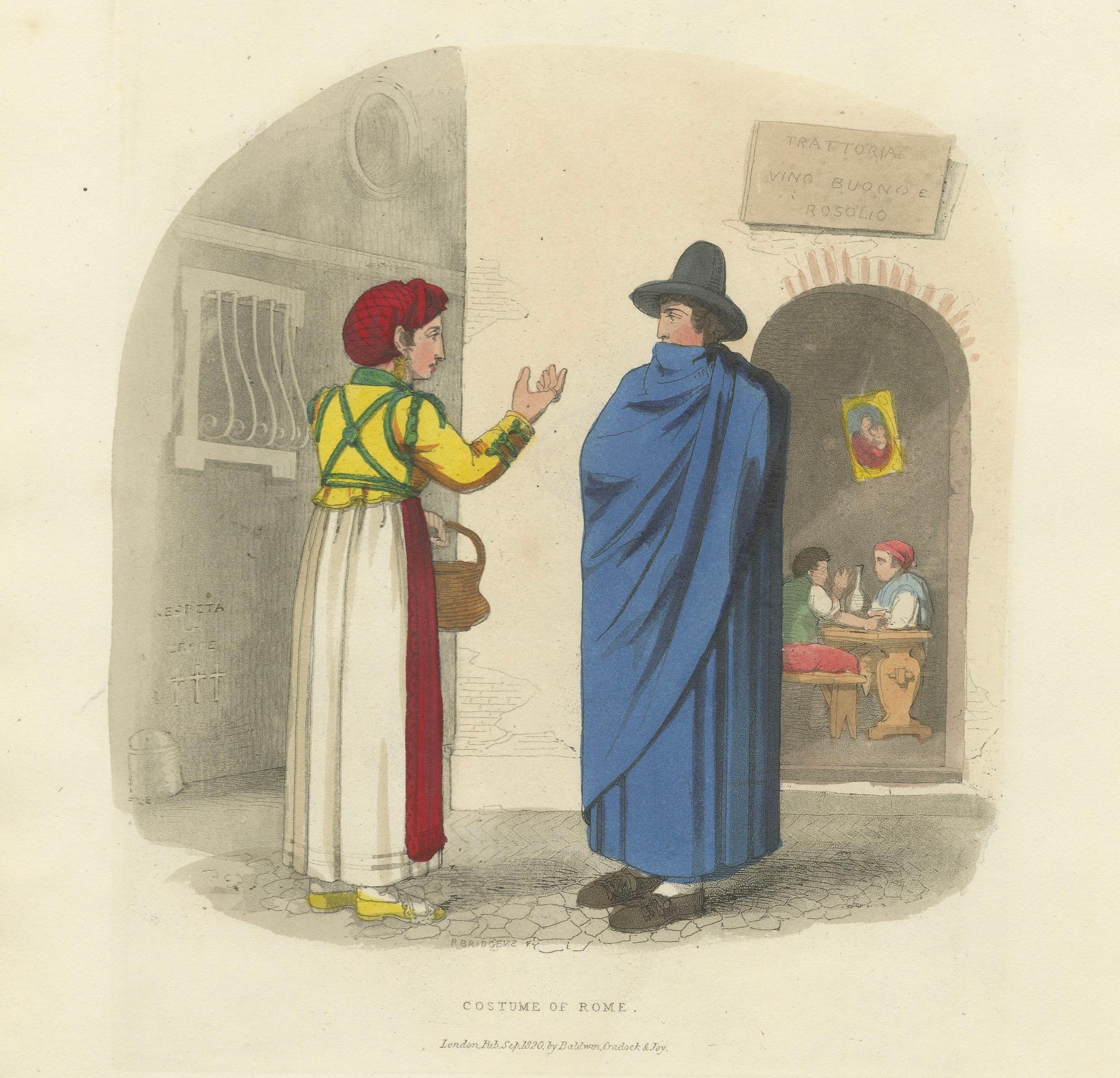Papier Gravure sur costume : Costume traditionnel de Rome, gravure à la main de 1820 en vente