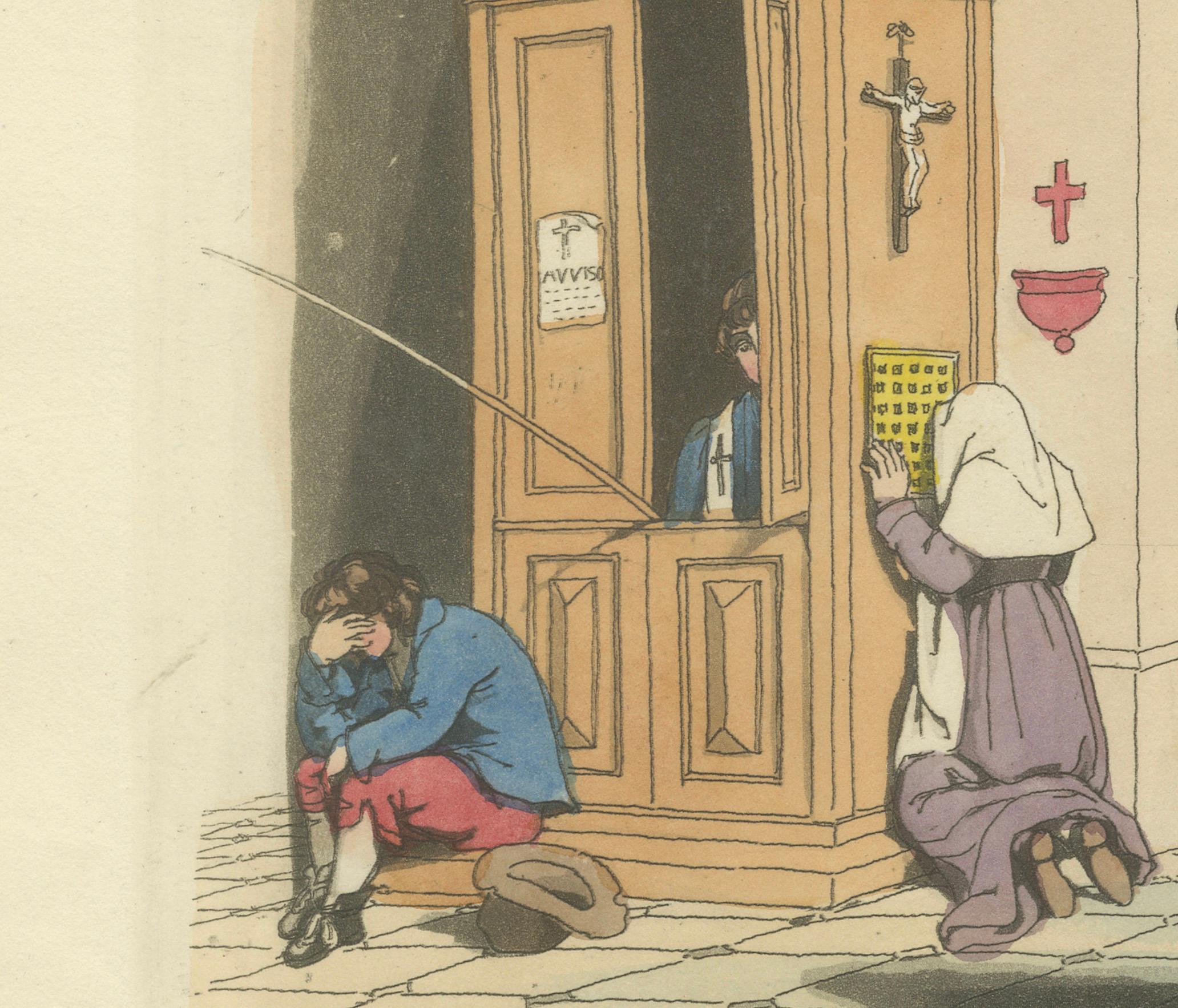 Kostümdruck: Frau bei der Andacht in der Nähe von Florenz, Handkolorierter Kupferstich aus den 1820er Jahren im Zustand „Gut“ im Angebot in Langweer, NL