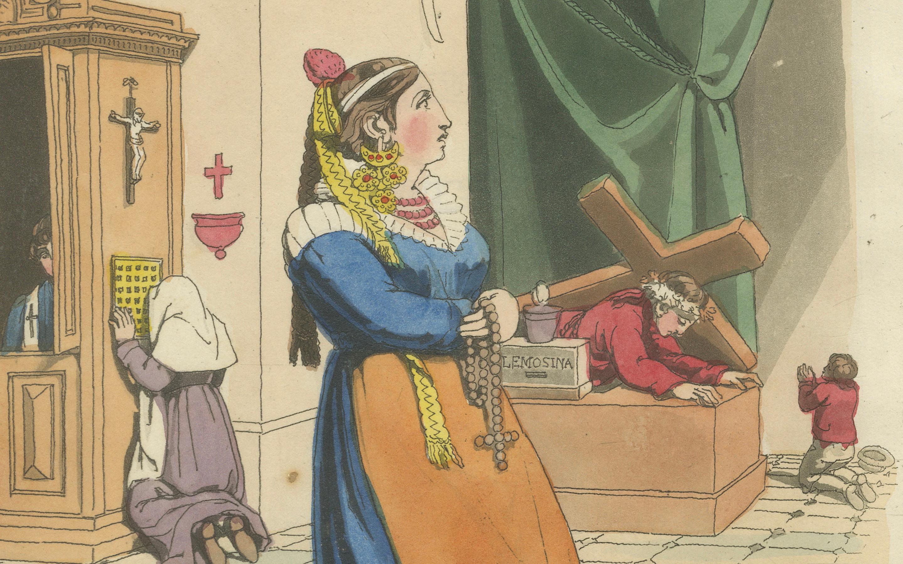 Kostümdruck: Frau bei der Andacht in der Nähe von Florenz, Handkolorierter Kupferstich aus den 1820er Jahren (Mittleres 19. Jahrhundert) im Angebot