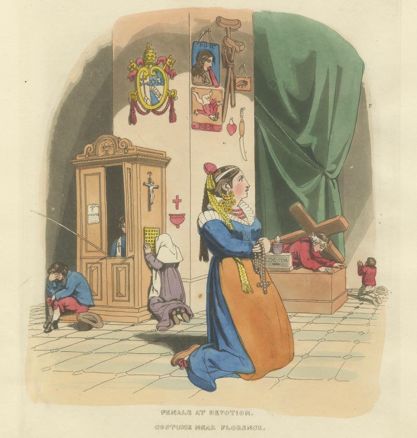 Kostümdruck: Frau bei der Andacht in der Nähe von Florenz, Handkolorierter Kupferstich aus den 1820er Jahren im Angebot 1