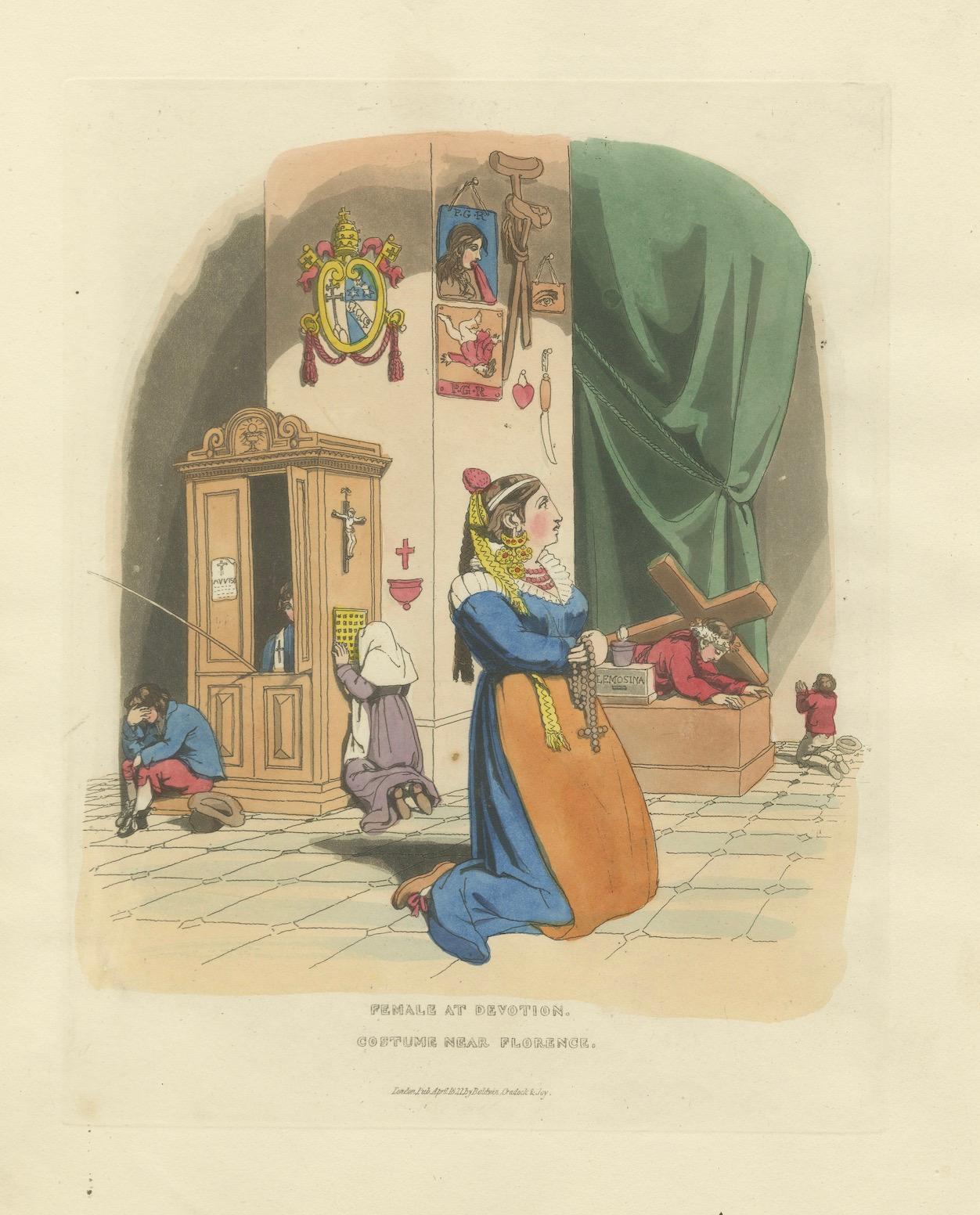 Kostümdruck: Frau bei der Andacht in der Nähe von Florenz, Handkolorierter Kupferstich aus den 1820er Jahren im Angebot 2