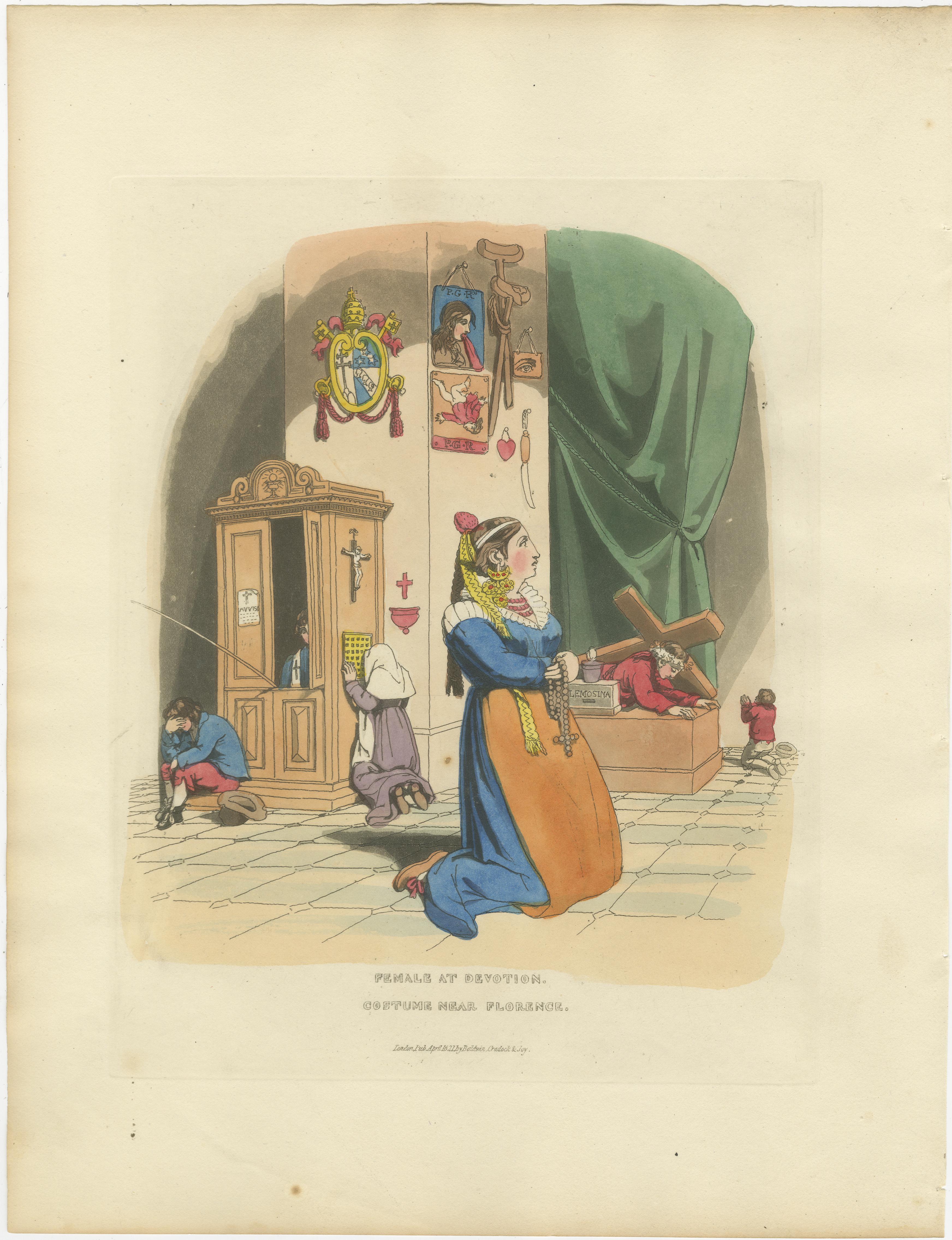 Kostümdruck: Frau bei der Andacht in der Nähe von Florenz, Handkolorierter Kupferstich aus den 1820er Jahren im Angebot 3