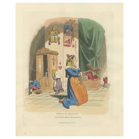 Costume Print: Woman at Devotion, Near Florence, 1820s Hand-Colored Engraving