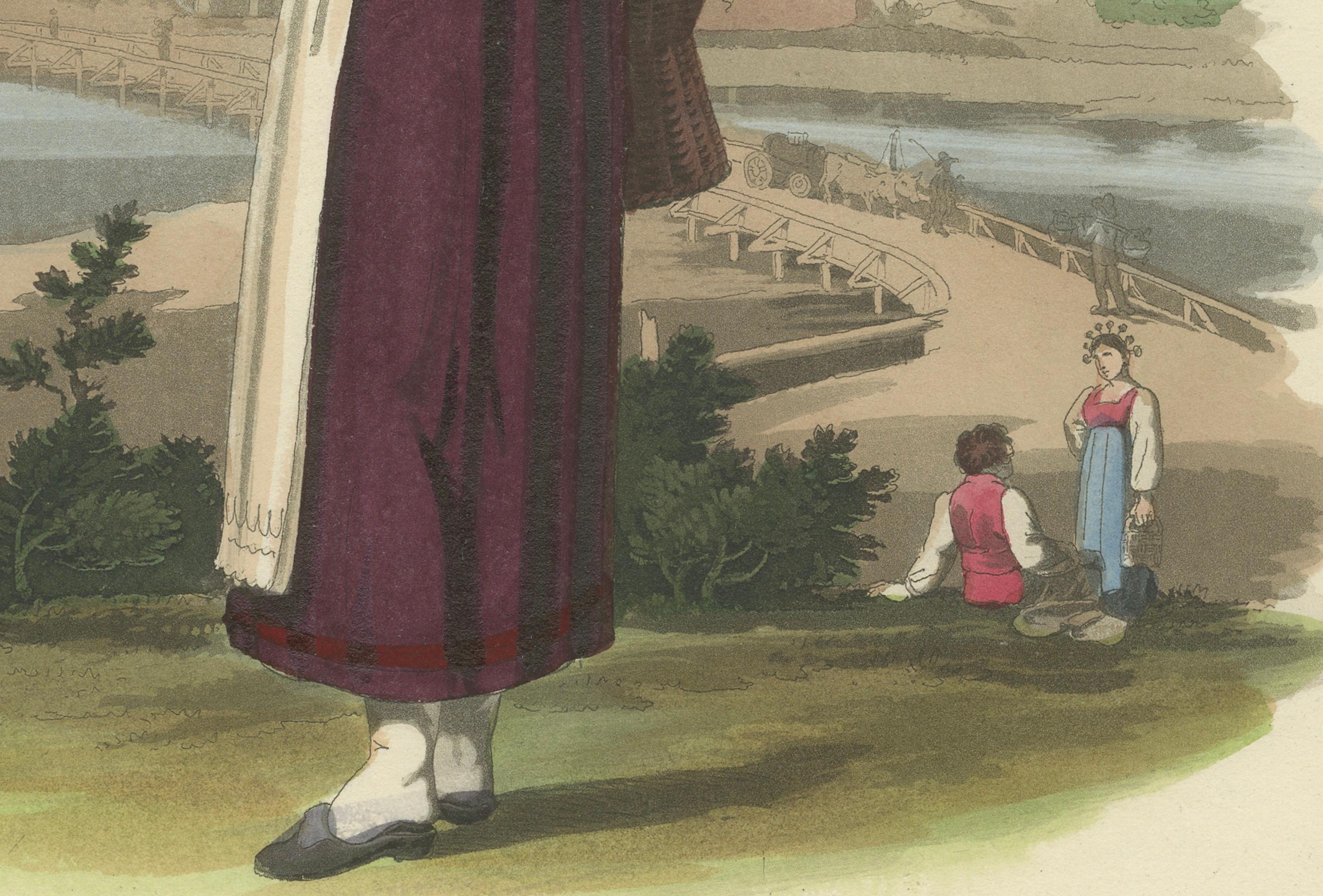 Gravure en costume : Femme près du pont de Lodi, Lombardie, Italie - Gravure des années 1820 Bon état - En vente à Langweer, NL