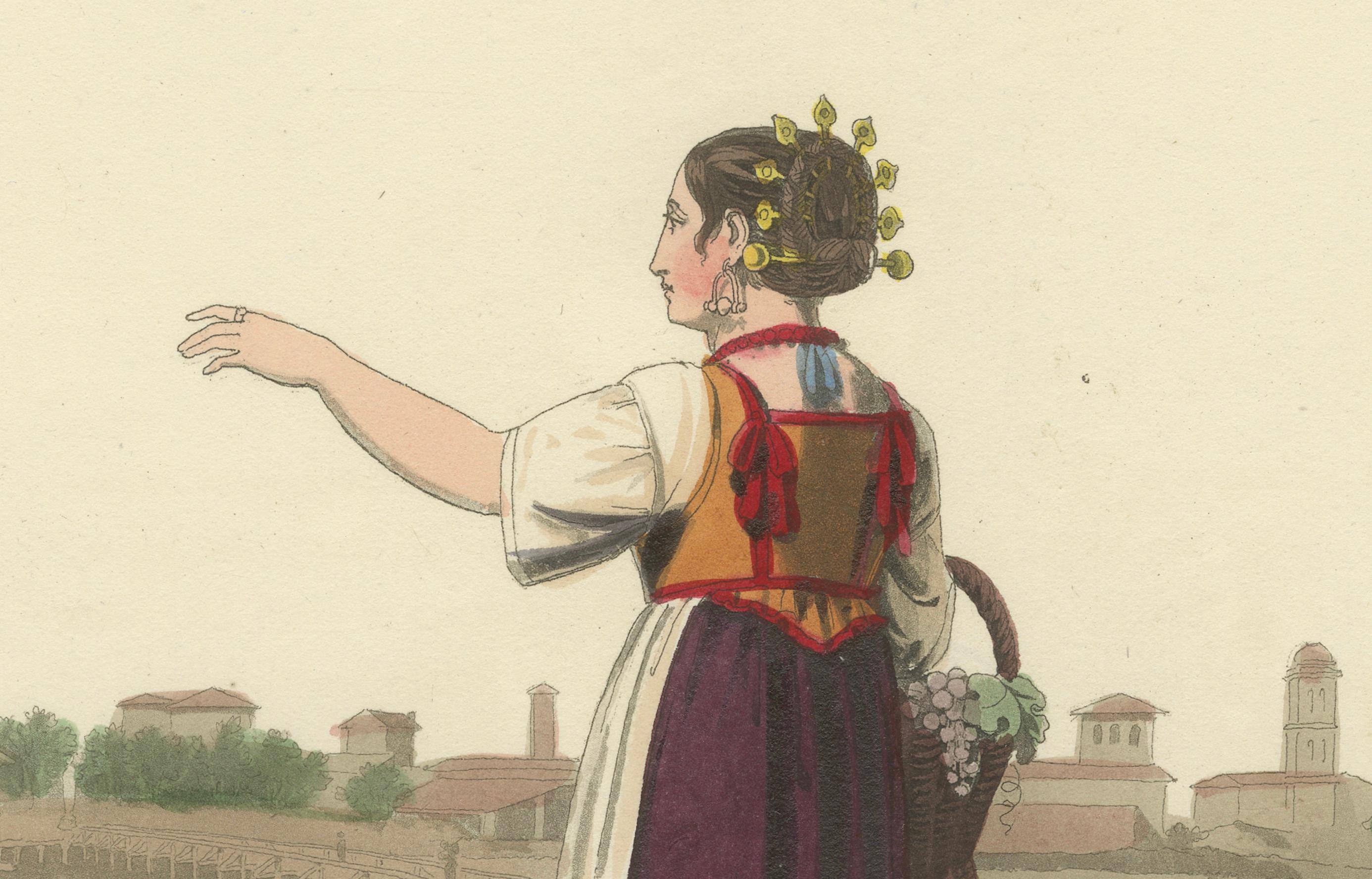Milieu du XIXe siècle Gravure en costume : Femme près du pont de Lodi, Lombardie, Italie - Gravure des années 1820 en vente