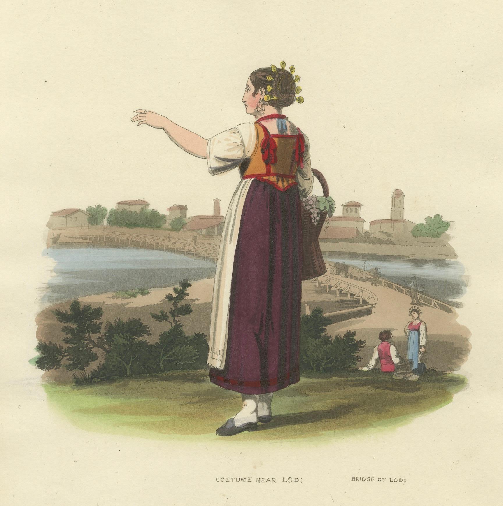 Papier Gravure en costume : Femme près du pont de Lodi, Lombardie, Italie - Gravure des années 1820 en vente