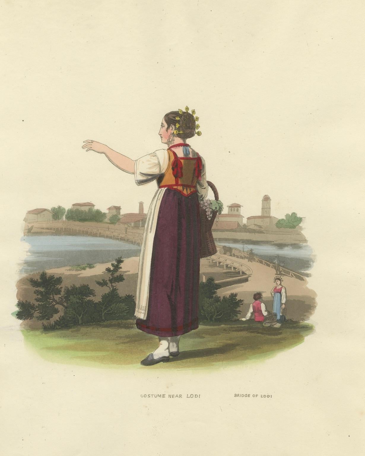 Gravure en costume : Femme près du pont de Lodi, Lombardie, Italie - Gravure des années 1820 en vente 1