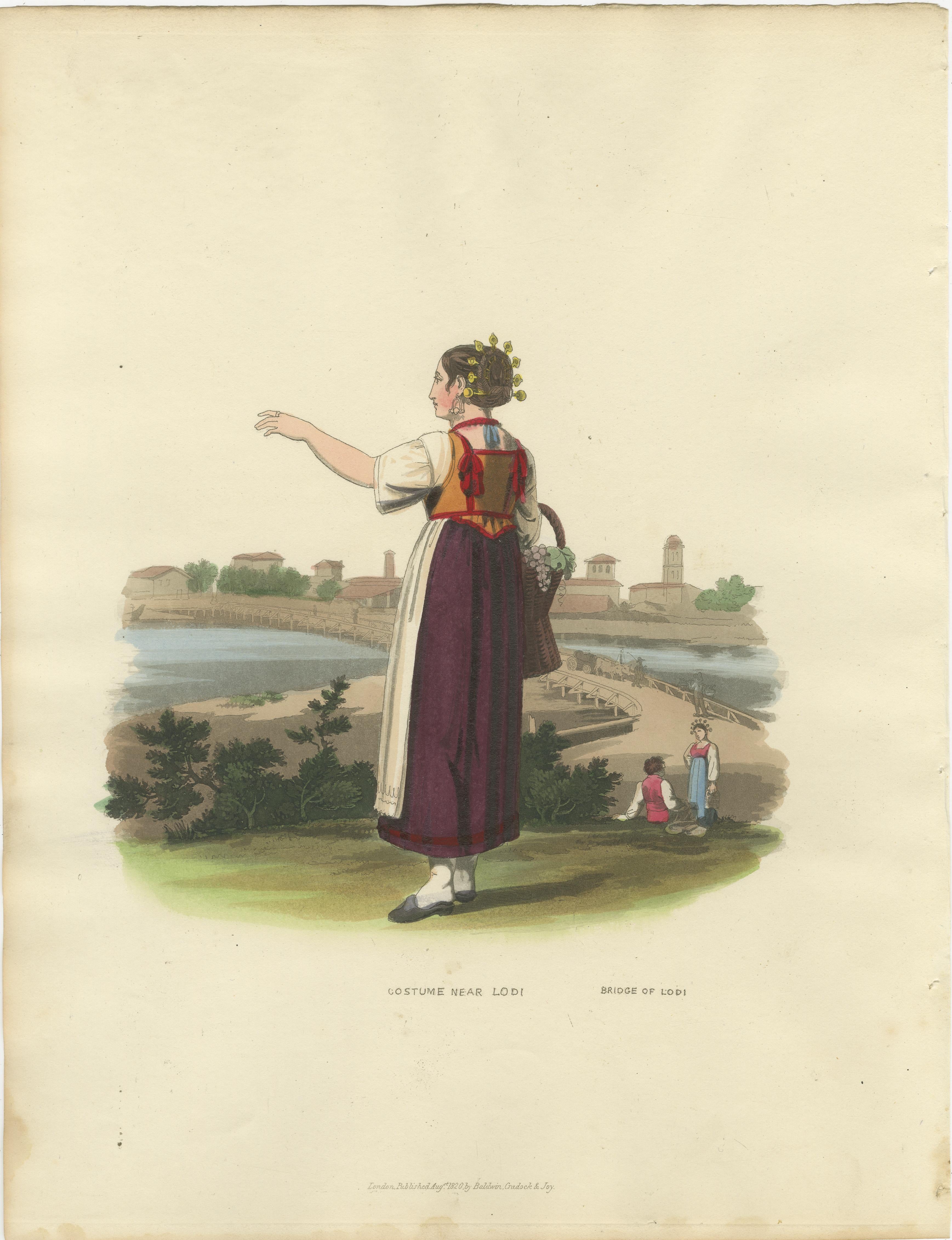 Gravure en costume : Femme près du pont de Lodi, Lombardie, Italie - Gravure des années 1820 en vente 2
