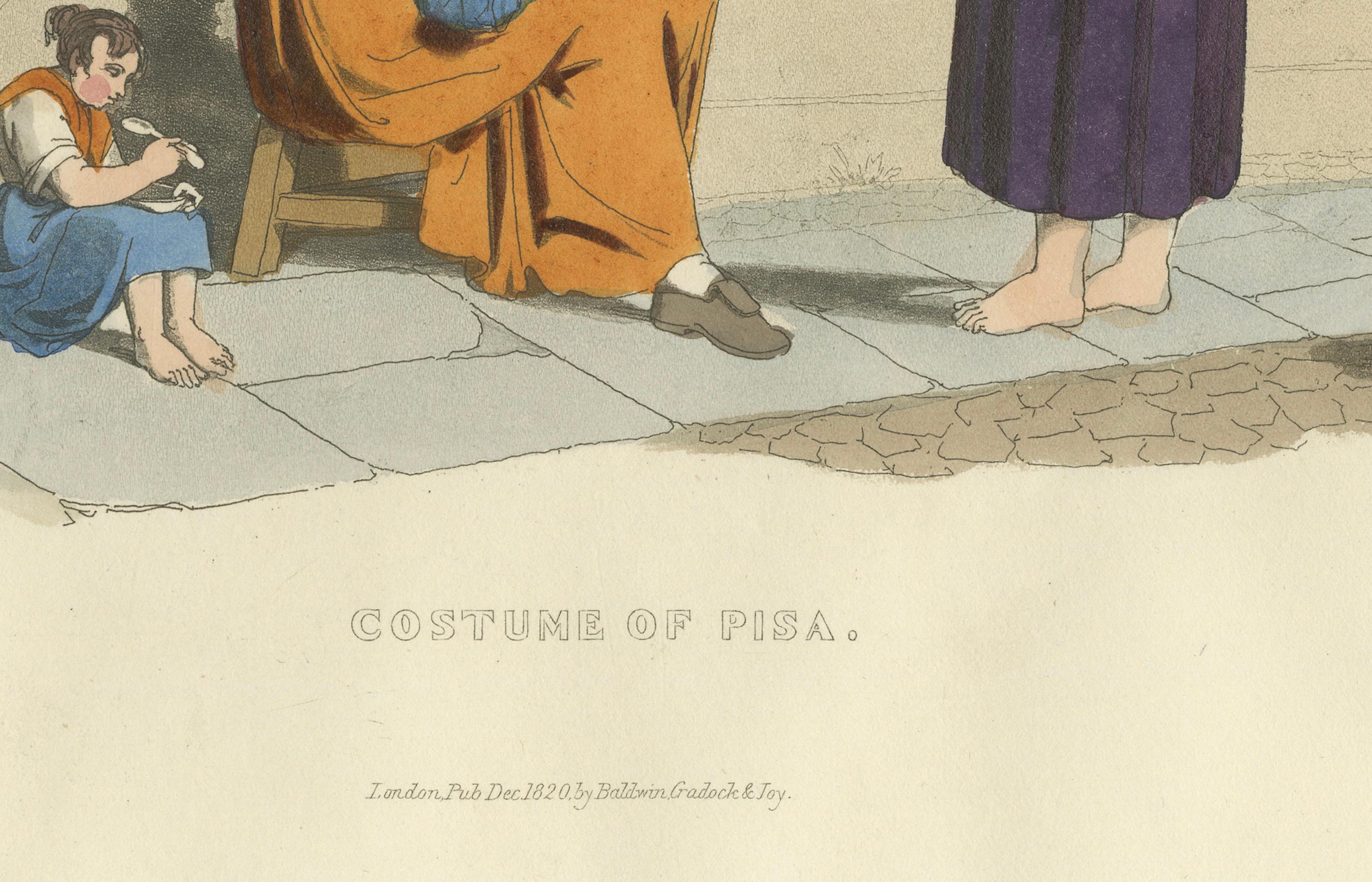 Titel:
Kostümdruck: Frauen und Kinder in Pisa, Handkolorierter Kupferstich aus den 1820er Jahren

Beschreibung:
Dieser ansprechende handkolorierte Stich zeigt Frauen und Kinder in der traditionellen Tracht von Pisa, Italien, im frühen 19.