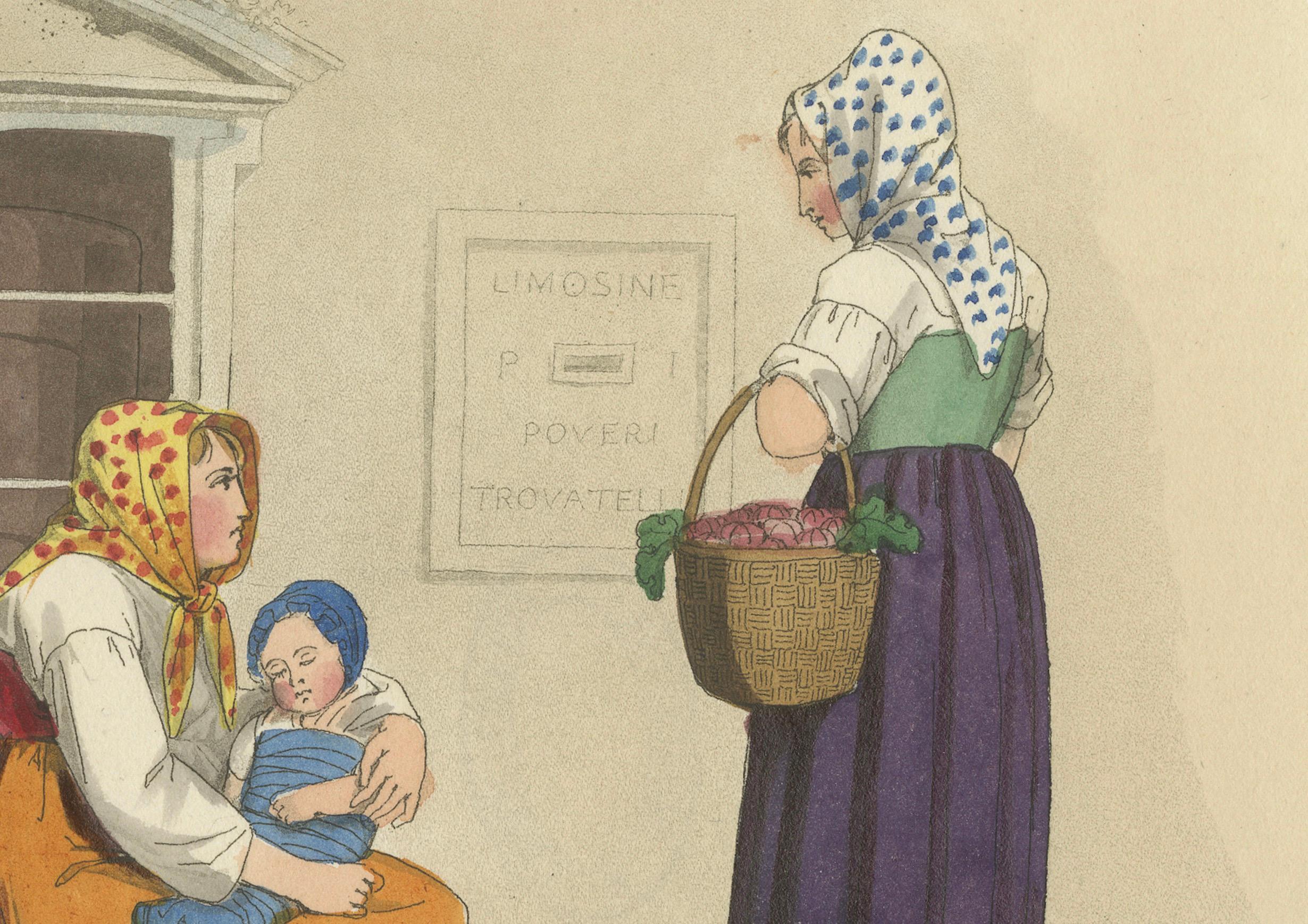 Kostümdruck: Frauen und Kinder in Pisa, Handkolorierter Kupferstich aus den 1820er Jahren im Zustand „Gut“ im Angebot in Langweer, NL