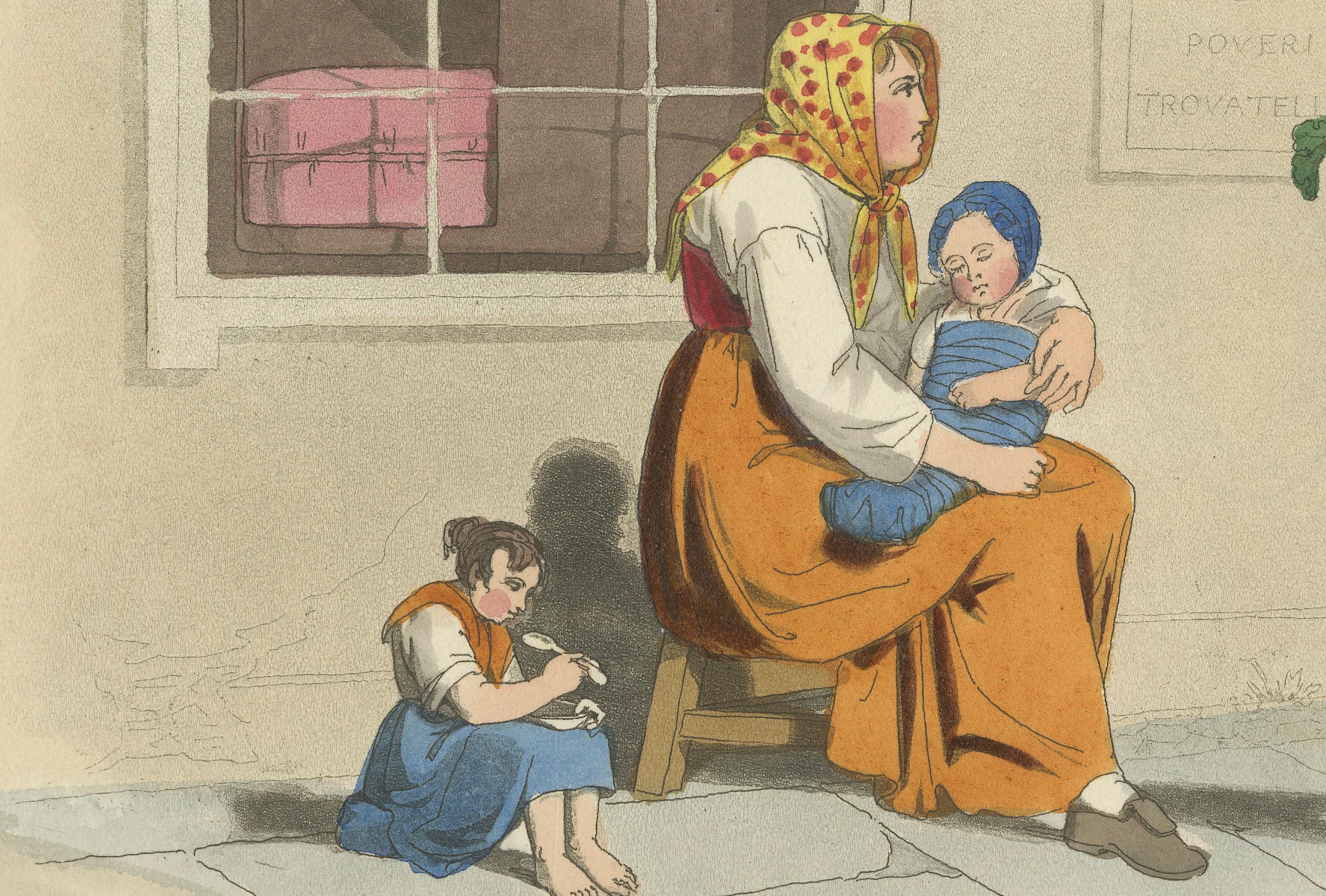 Kostümdruck: Frauen und Kinder in Pisa, Handkolorierter Kupferstich aus den 1820er Jahren (Mittleres 19. Jahrhundert) im Angebot