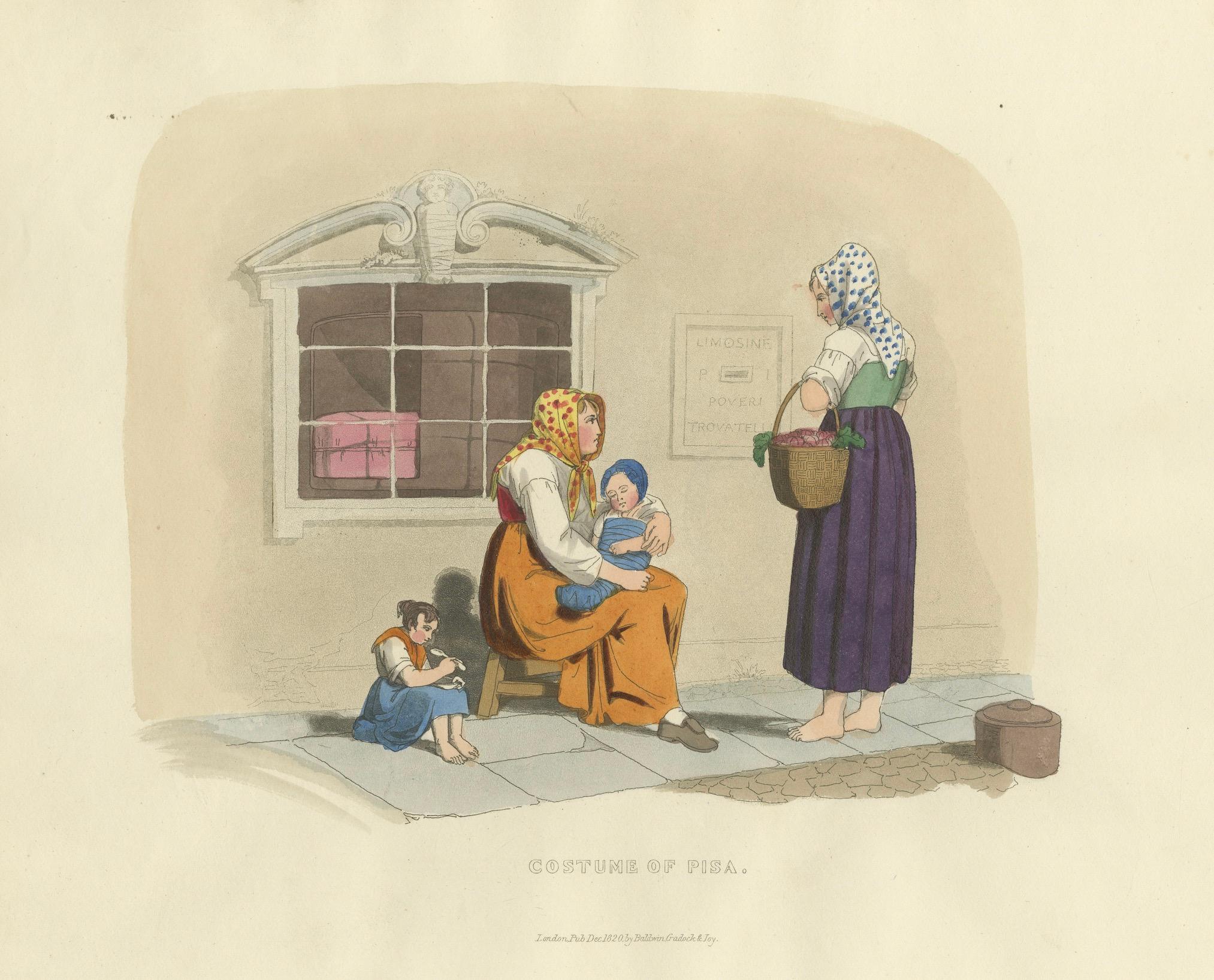 Kostümdruck: Frauen und Kinder in Pisa, Handkolorierter Kupferstich aus den 1820er Jahren im Angebot 1
