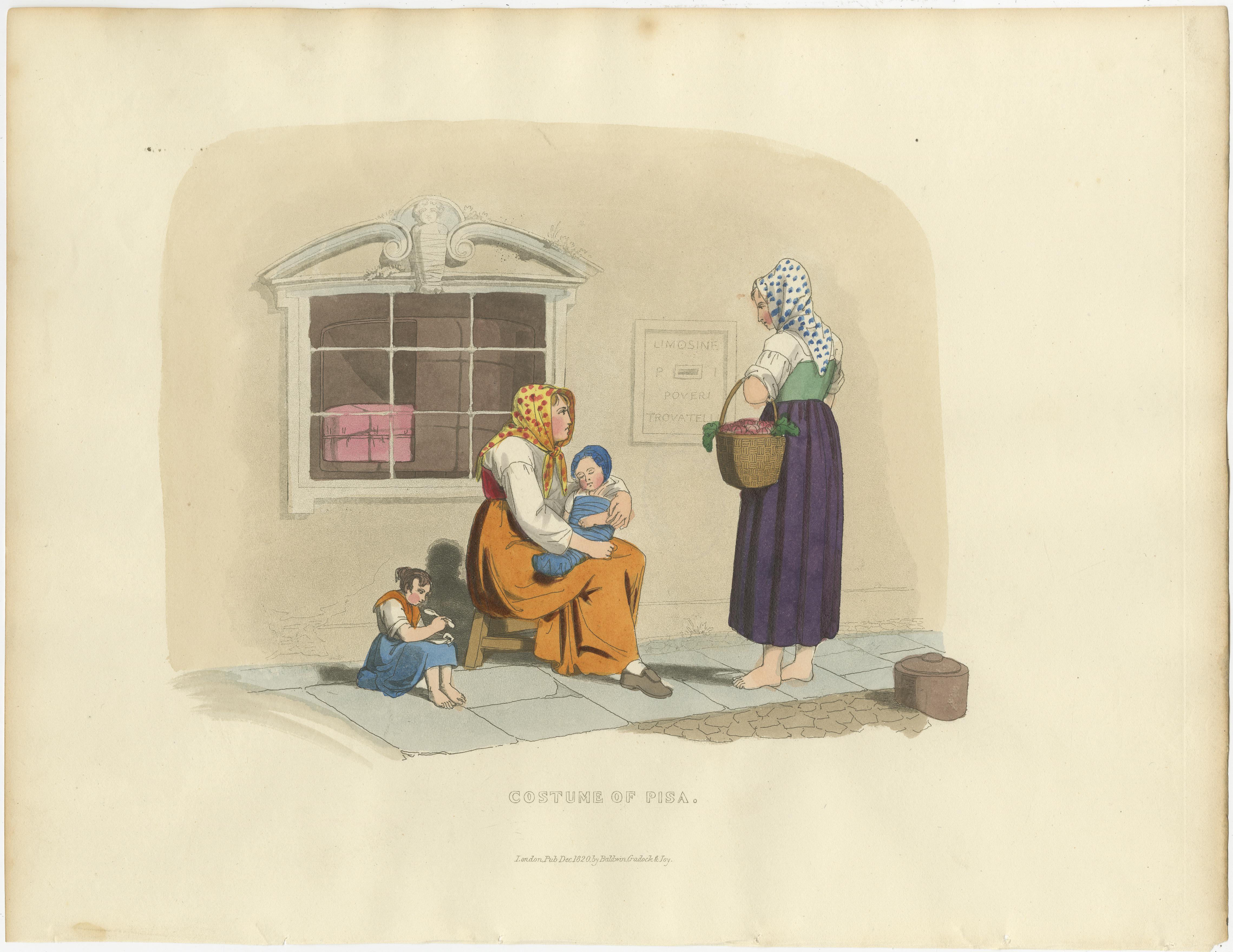 Kostümdruck: Frauen und Kinder in Pisa, Handkolorierter Kupferstich aus den 1820er Jahren im Angebot 2
