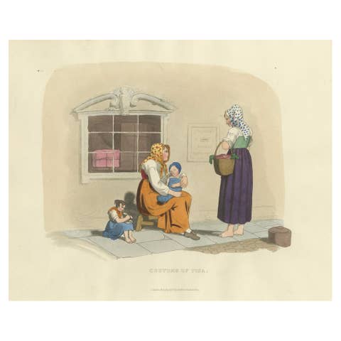 Costume Print: Women and Children in Pisa, 1820s Hand-Colored Engraving