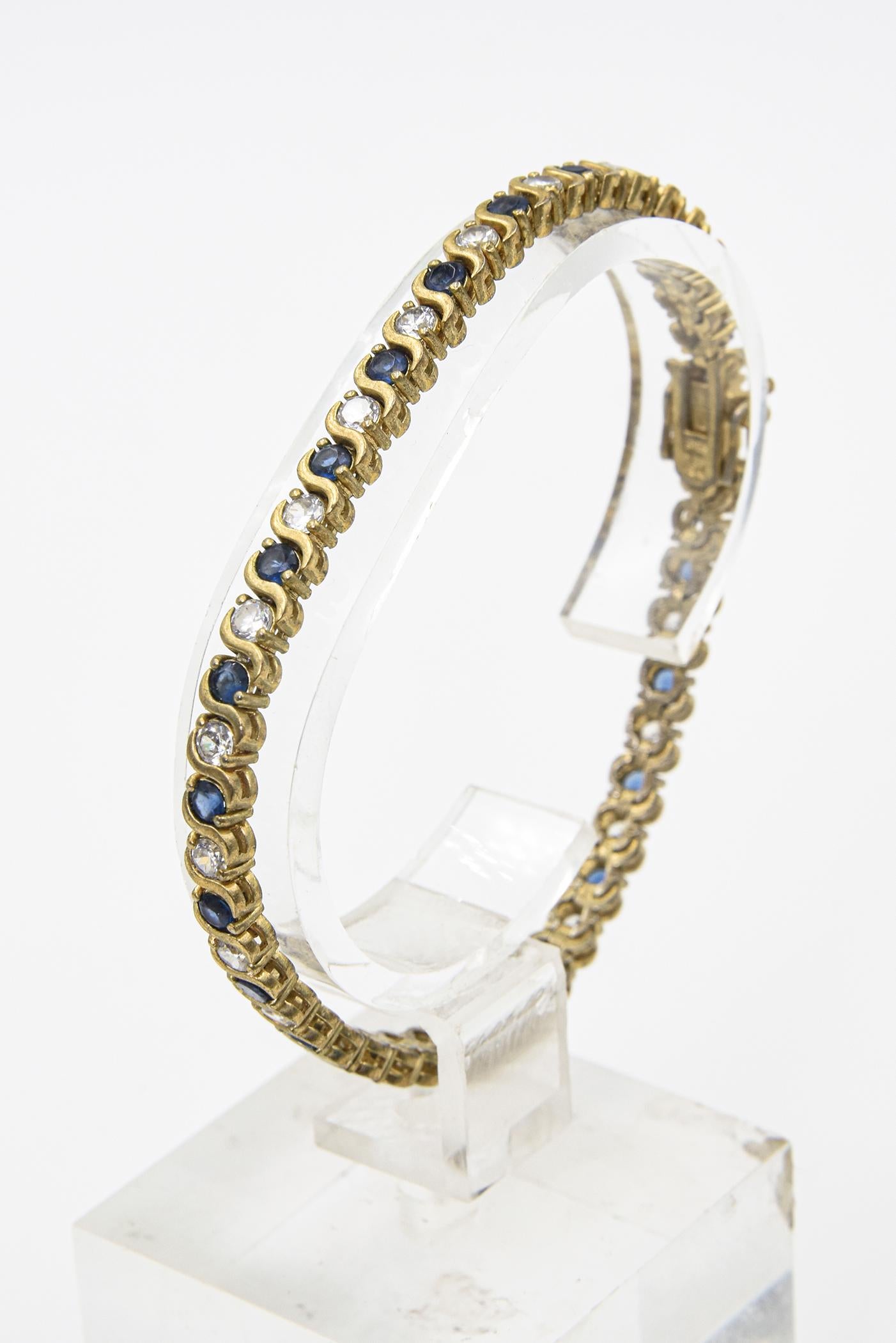 Costume Sapphire and Diamond Tennis Line Gold Tone Bracelet In Good Condition For Sale In Miami Beach, FL