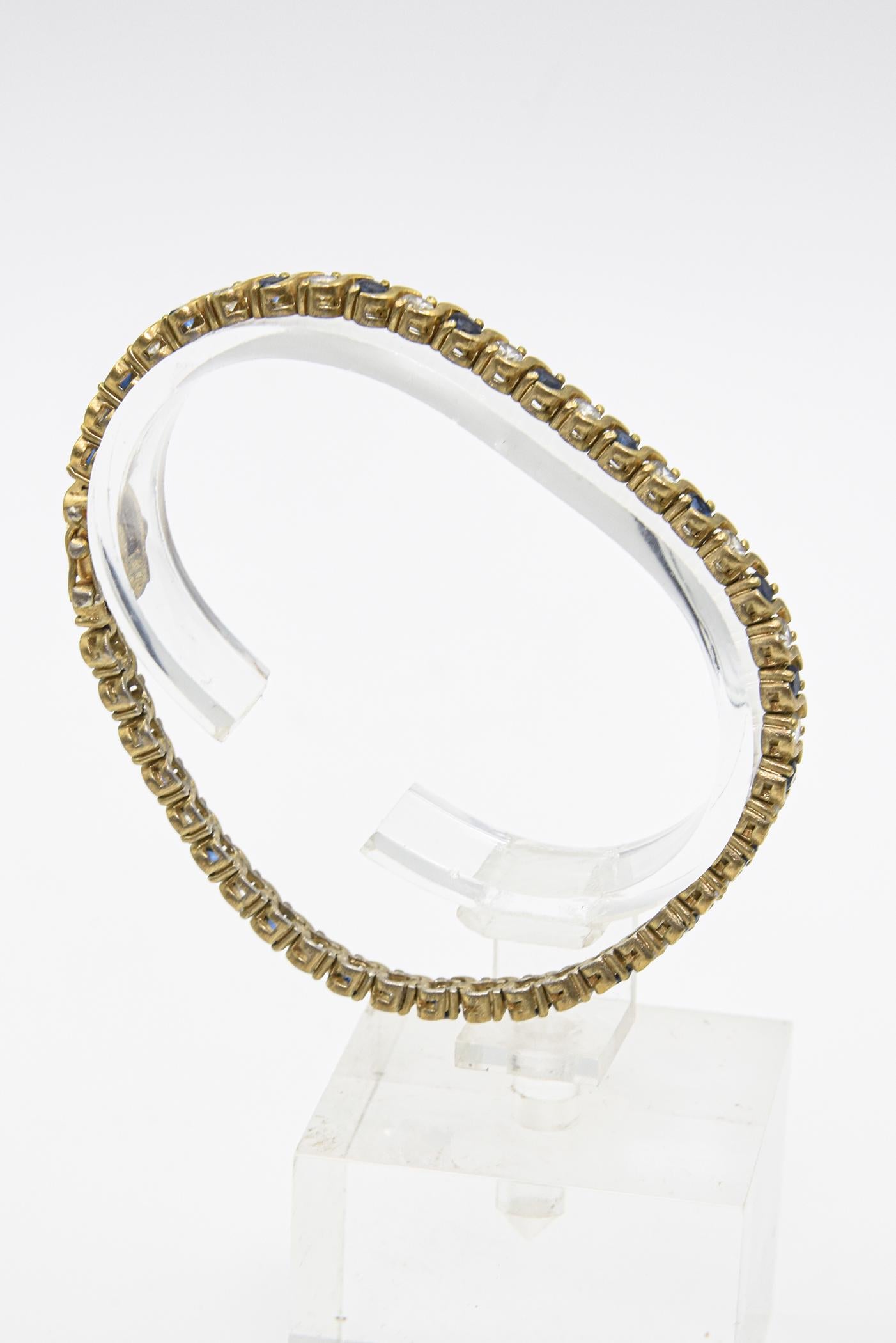 Women's Costume Sapphire and Diamond Tennis Line Gold Tone Bracelet For Sale