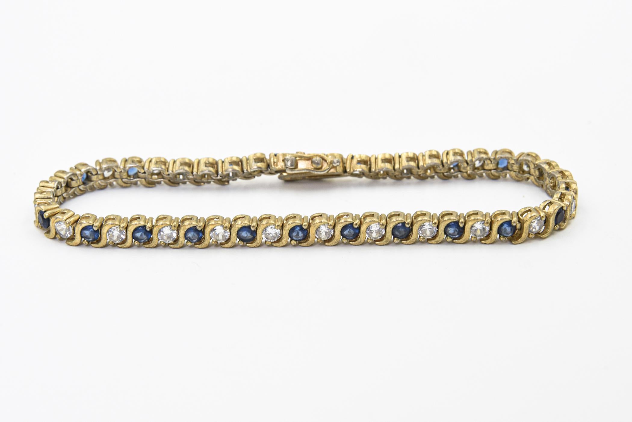 Costume Sapphire and Diamond Tennis Line Gold Tone Bracelet For Sale 1
