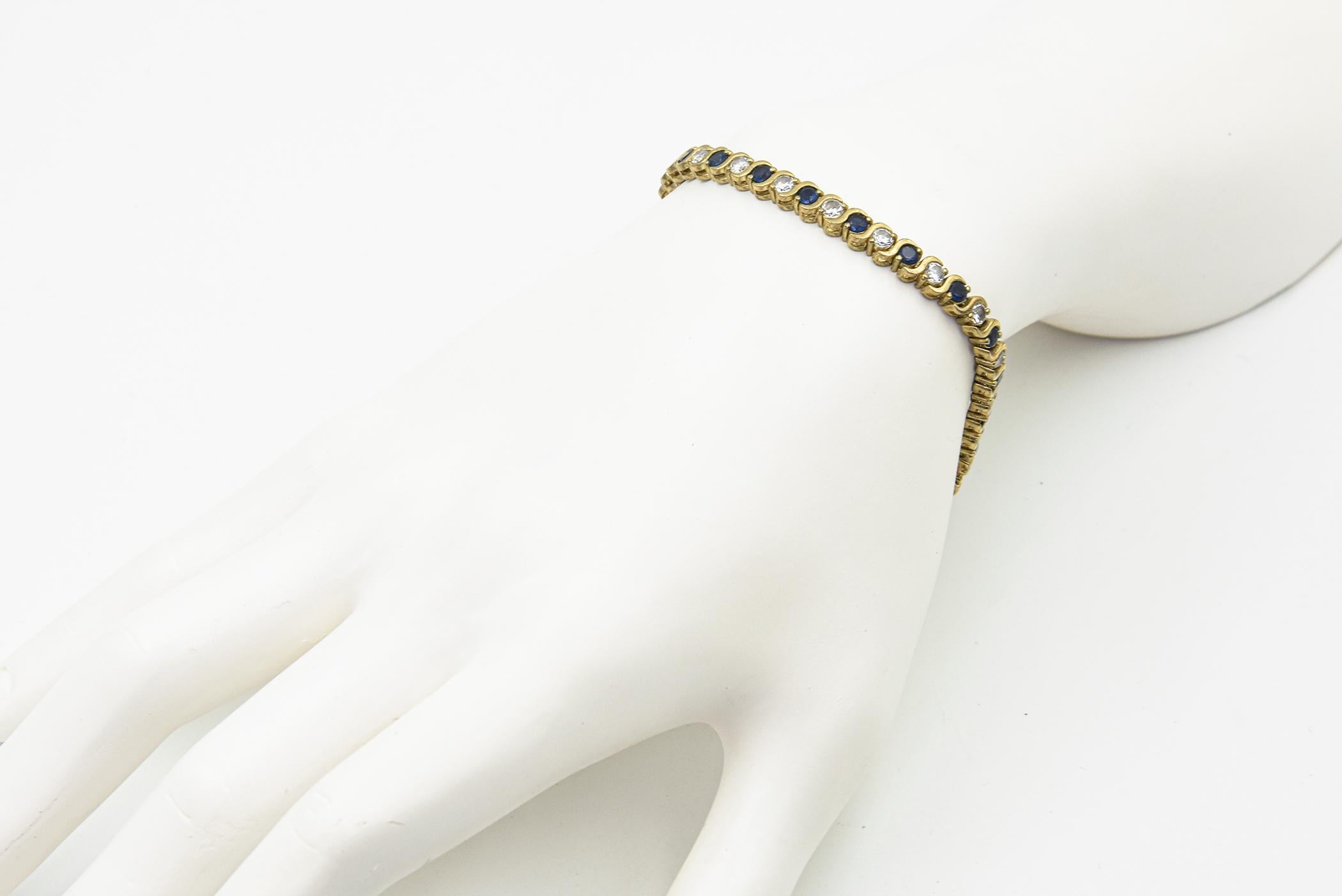 Costume Sapphire and Diamond Tennis Line Gold Tone Bracelet For Sale 4