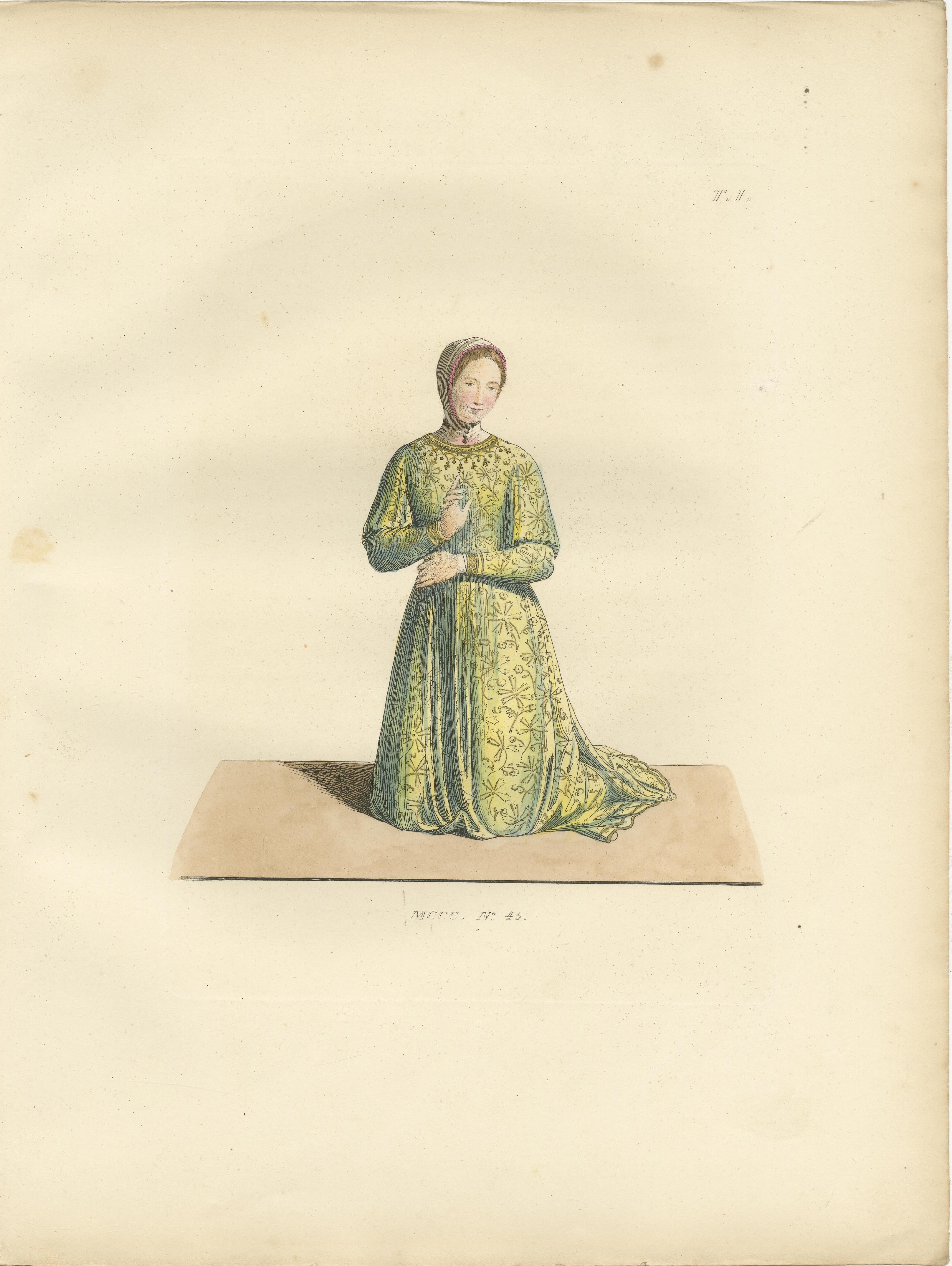 Engraved Costumes of a Knight, a Poet, and a Muse from Medieval Italy, Published in 1845 For Sale