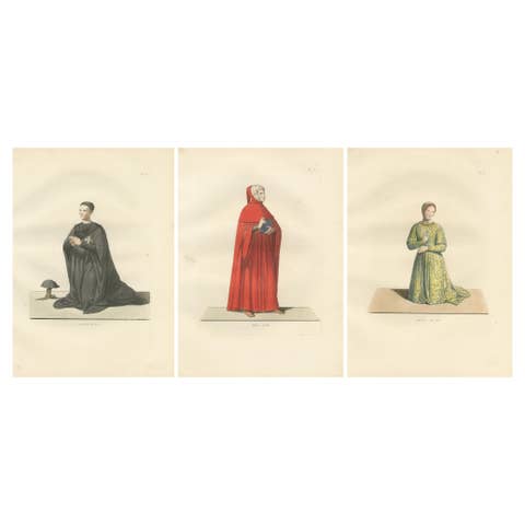 Costumes of a Knight, a Poet, and a Muse from Medieval Italy, Published in 1845