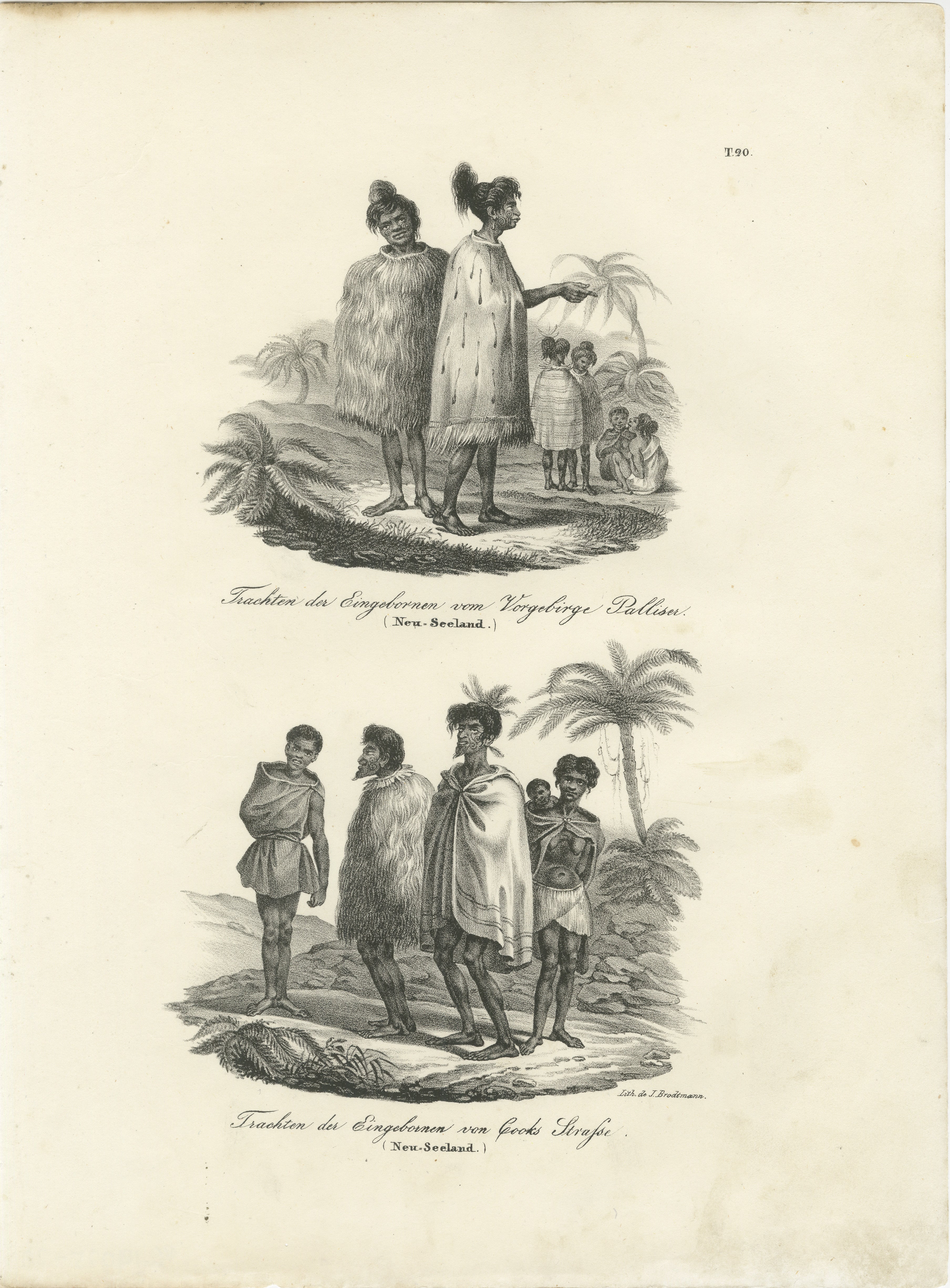 Traditionelle Trachten der Eingeborenen, Cape Palliser und Cook Strait, Neuseeland  

Dieser detaillierte Stich zeigt zwei Gruppen indigener Māori aus Neuseeland im frühen 19. Jahrhundert, die ihre traditionelle Kleidung und kulturellen