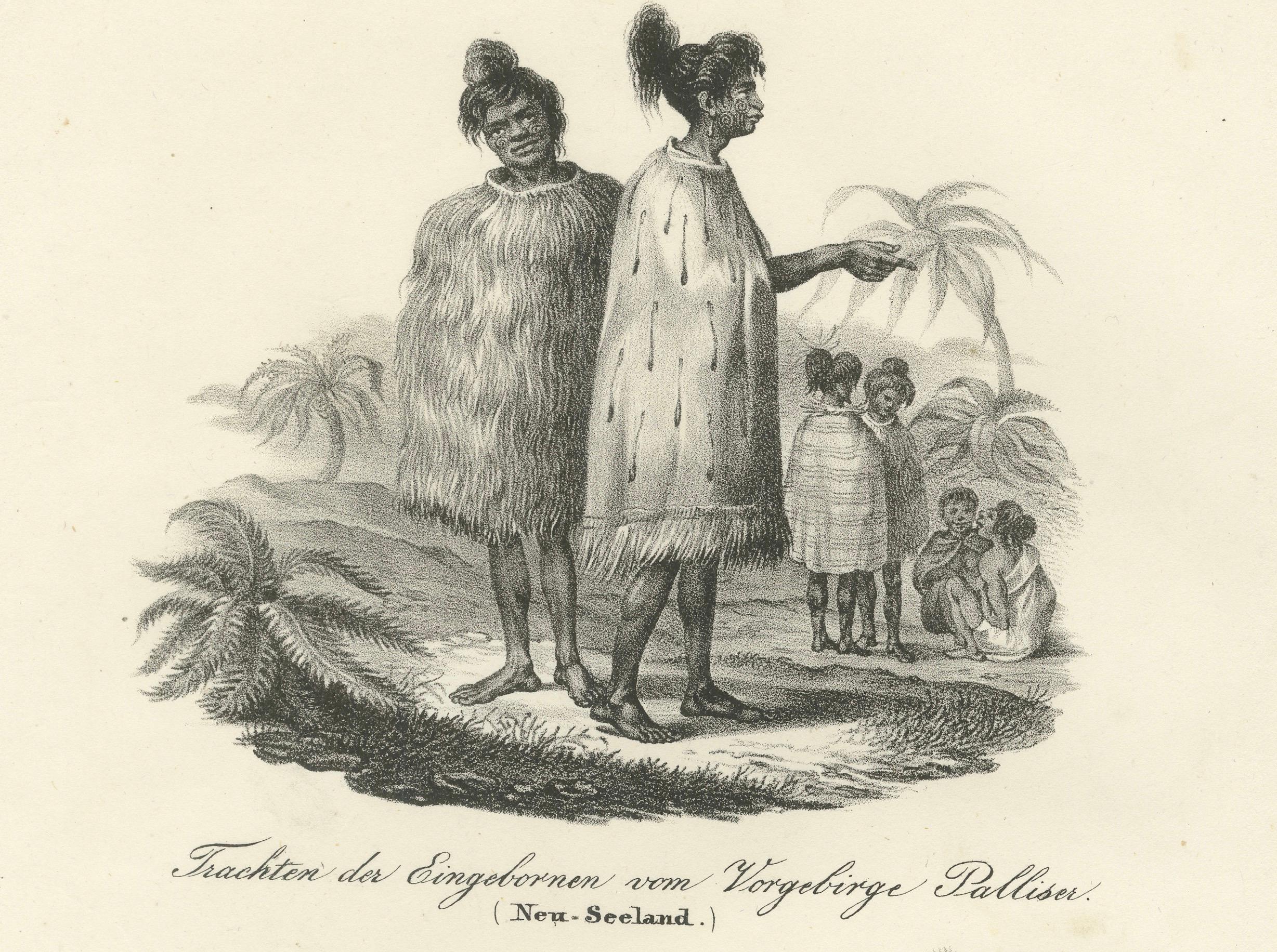 Kostüme des indigenen Volkes, Cape Palliser & Cook Strait, Neuseeland 1836 (Papier) im Angebot