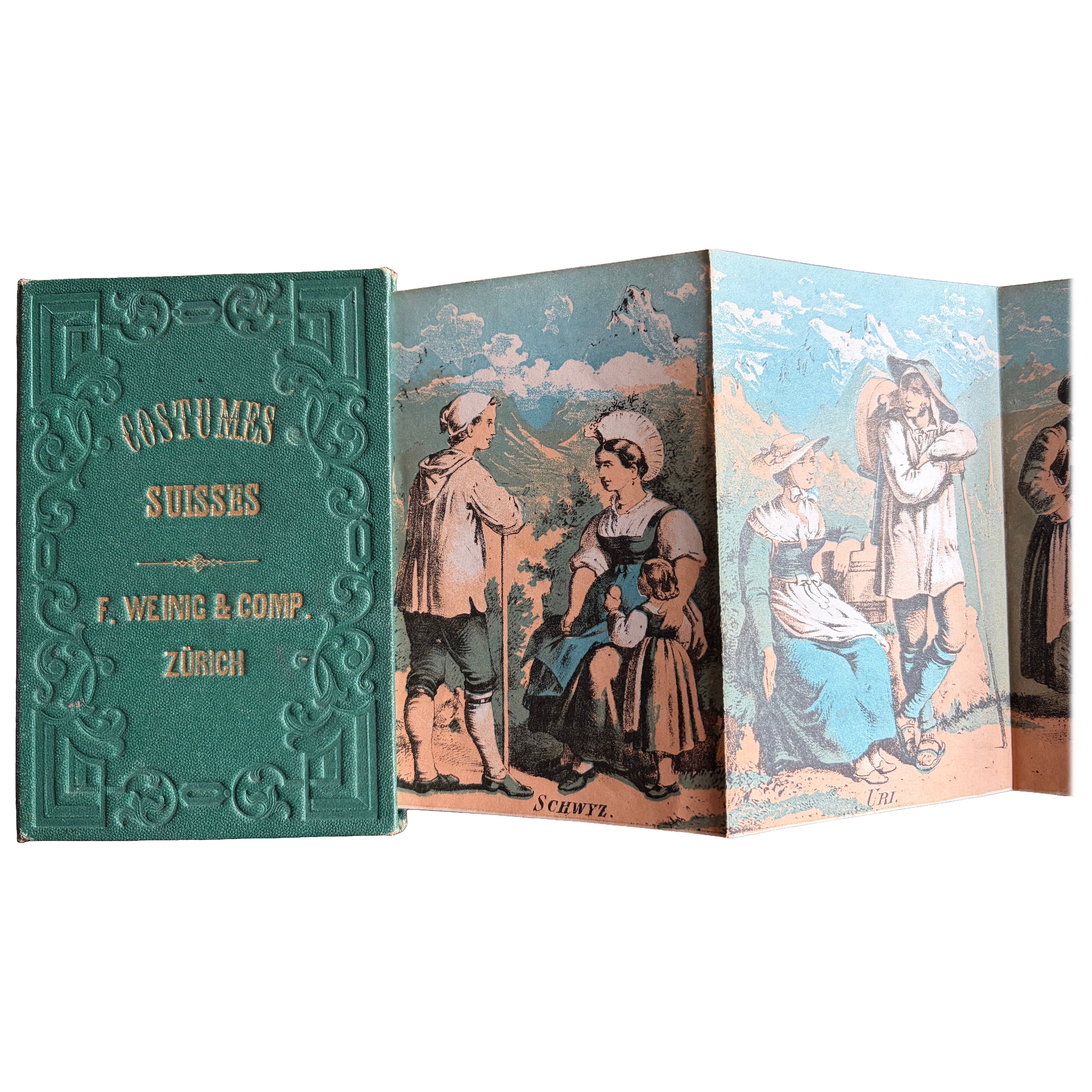 Costumes Suisses panorama, 16 tinted lithographs of Swiss regional dress, c.1860 For Sale