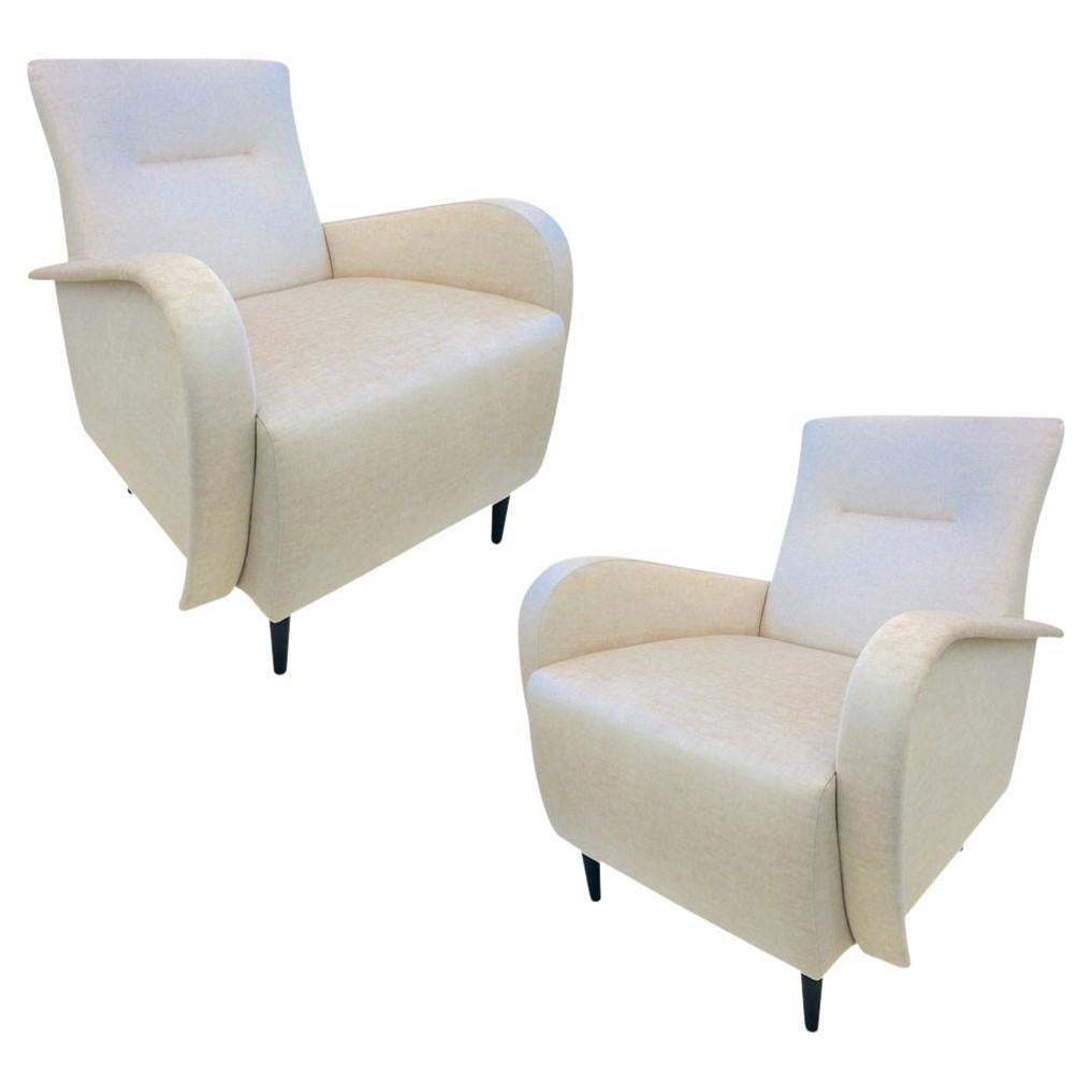 Cosulich Interiors Italian Custom Pair of Modern Camel Cream Velvet Armchairs