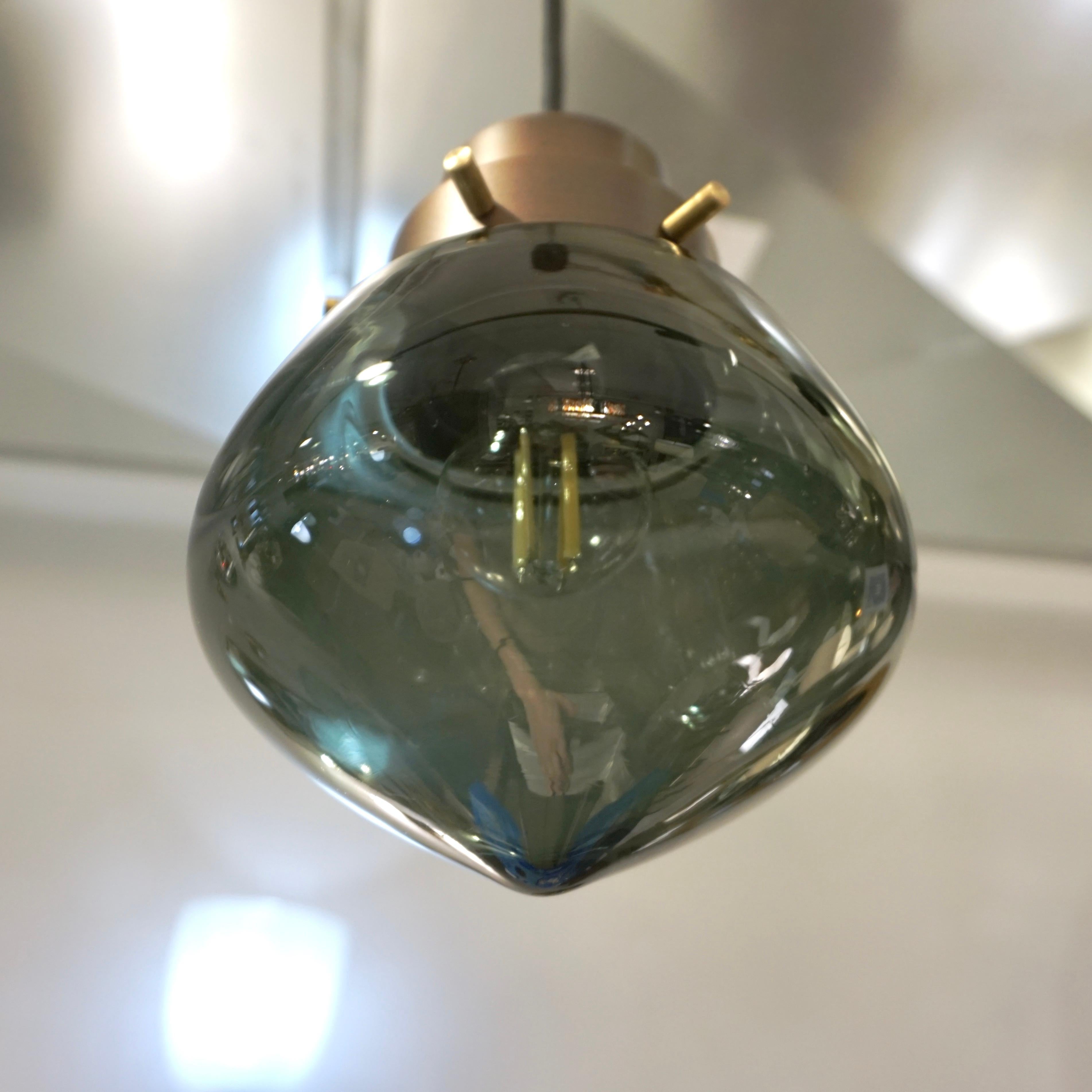Cosulich Interiors Italian Modern Smoked Aqua Blown Glass Drop Bronze Pendant For Sale 6