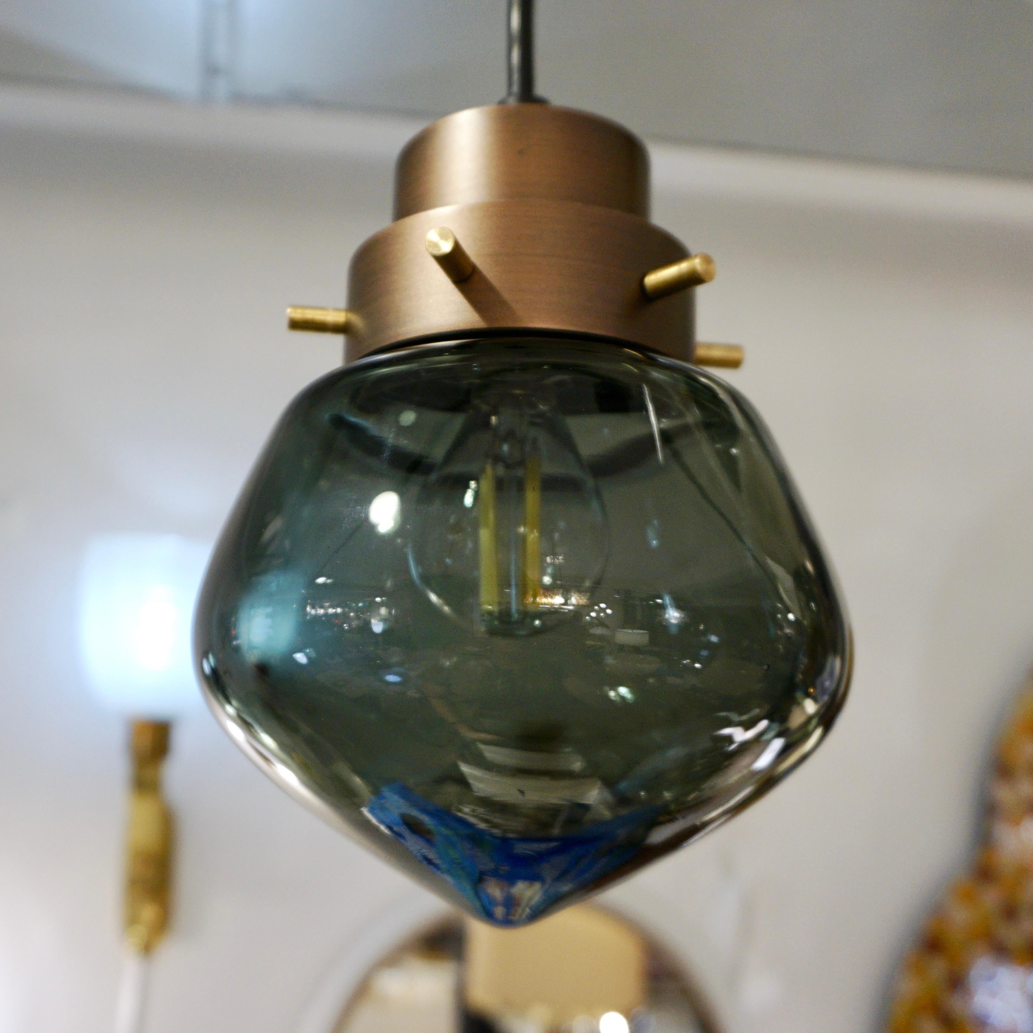 Organic Modern Cosulich Interiors Italian Modern Smoked Aqua Blown Glass Drop Bronze Pendant For Sale