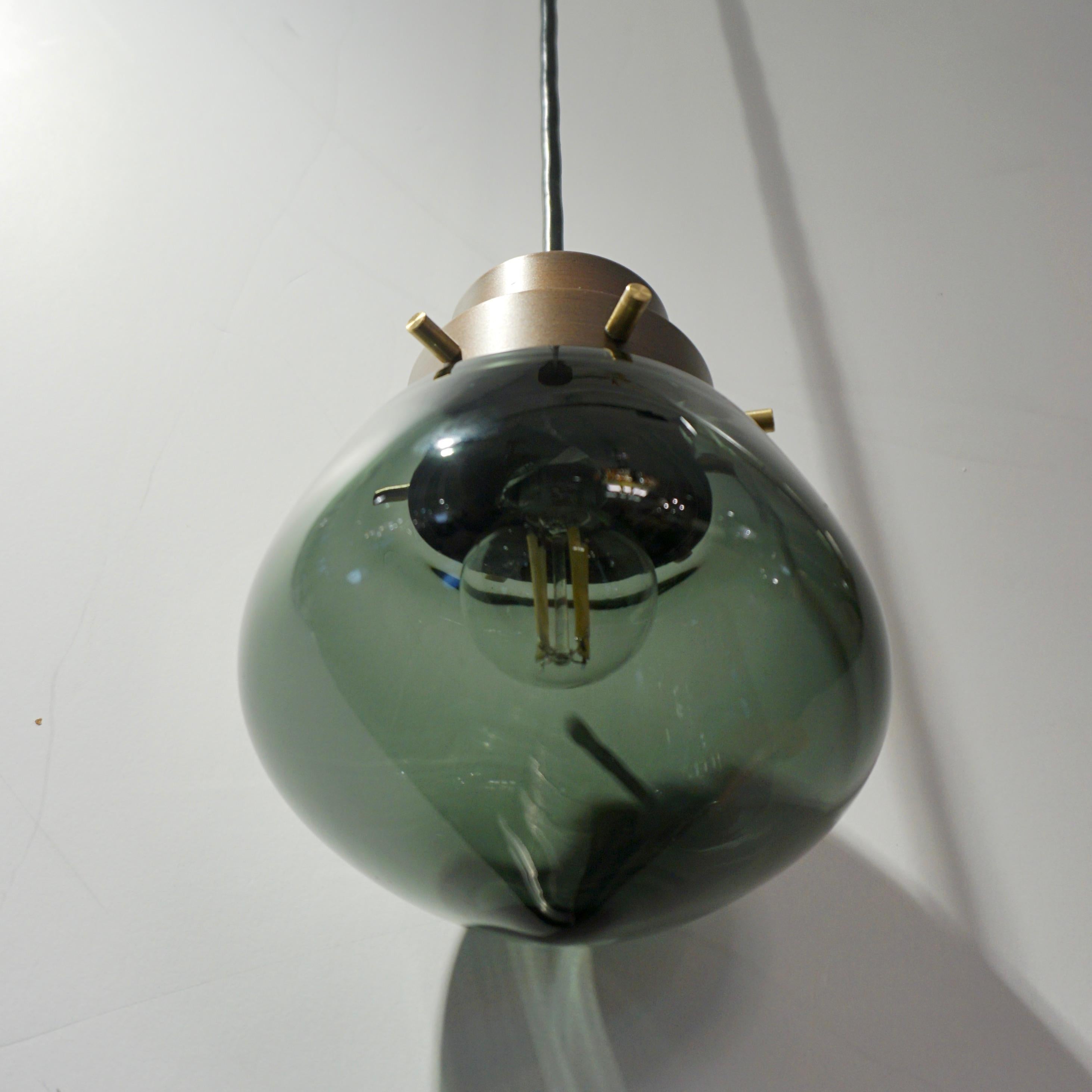 Contemporary Cosulich Interiors Italian Modern Smoked Aqua Blown Glass Drop Bronze Pendant For Sale