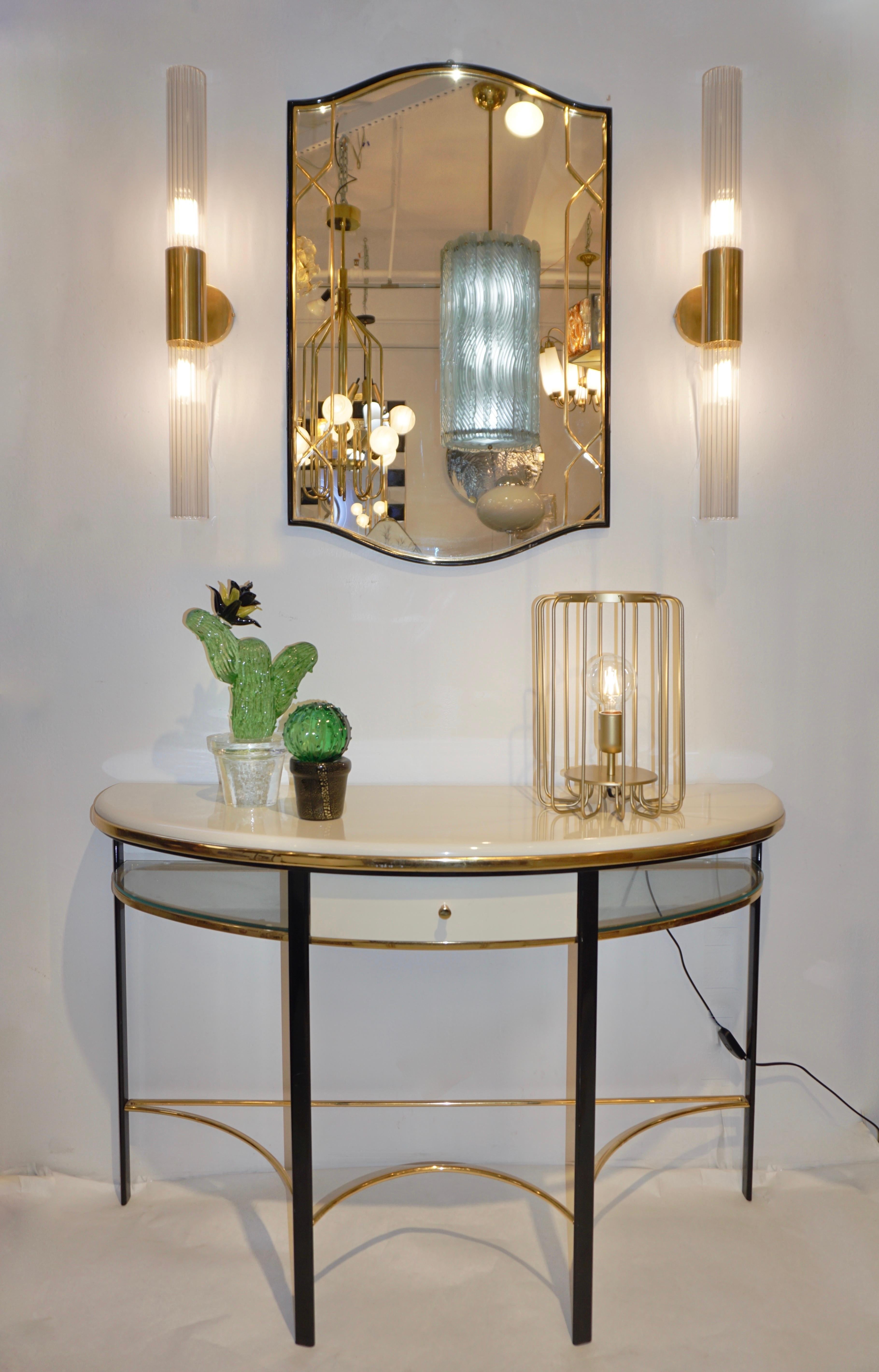 Lacquered Cosulich Interiors Minimalist Italian Futurist Gold Brass Steel Open Table Lamp For Sale