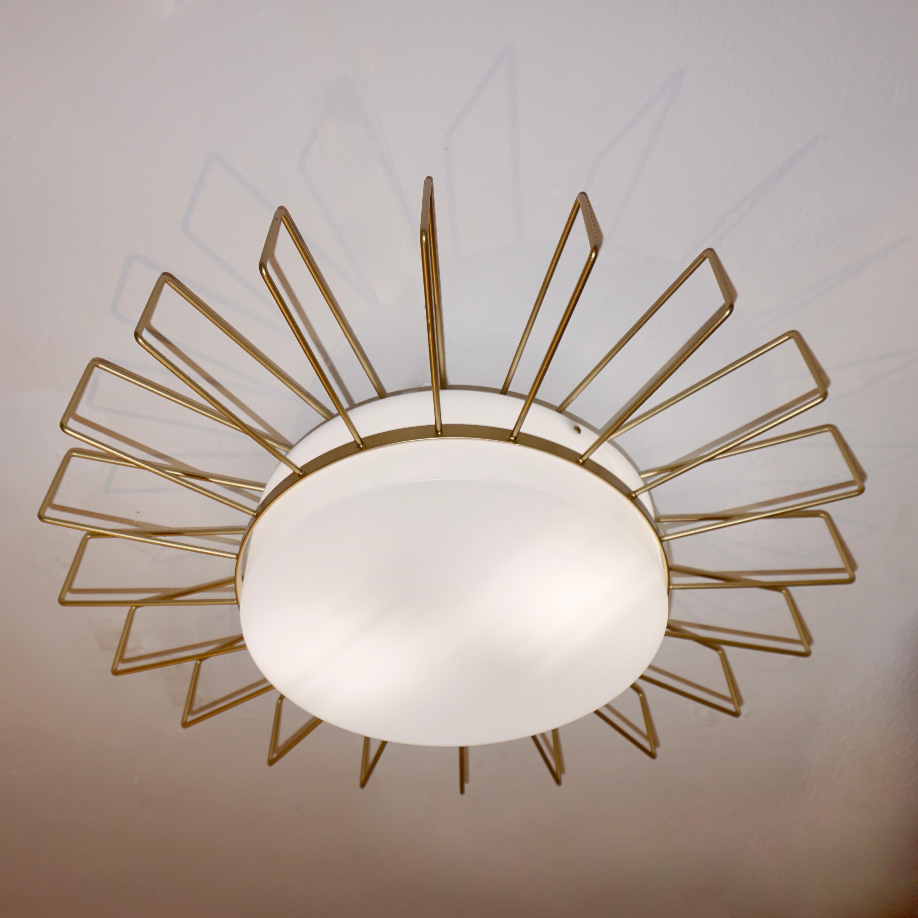 Lacquered Cosulich Interiors Minimalist Italian Gold Steel Sunburst Pendant / Flushmount  For Sale