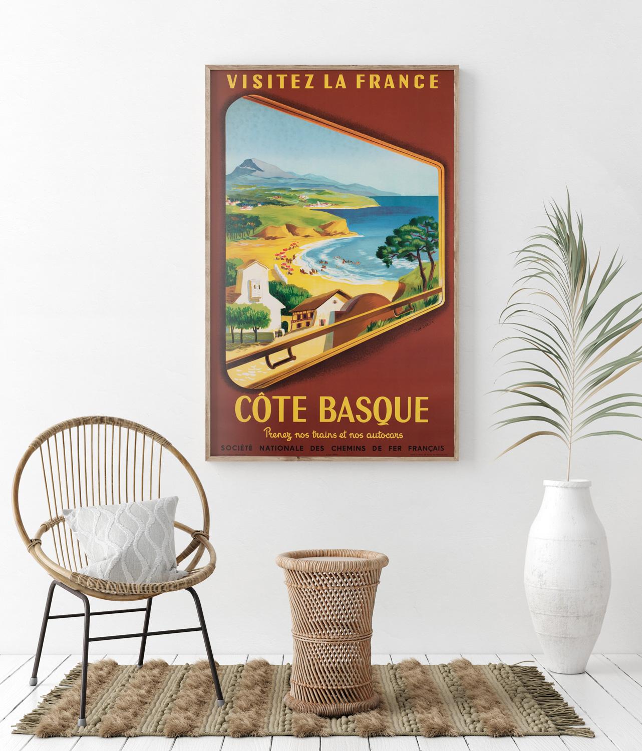 Beautiful original Cote Basque French Travel poster from 1952 designed by Jean Garcia. Created for French railways SNCF this poster was part of the post war effort to stimulate tourism for the country. 

The SNCF (Société nationale des chemins de