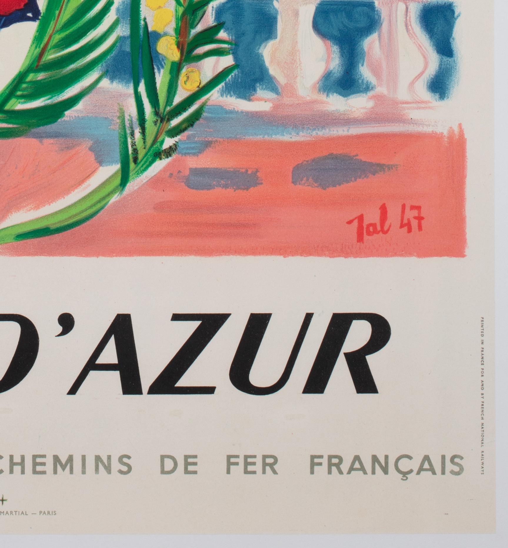 Cote d'Azur 1947 SNCF French Railway Travel Advertising Poster, Jal 3