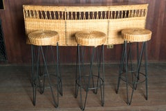 Curved Rattan Bar with Three Stools by Rauol Rhieys, 1950s France