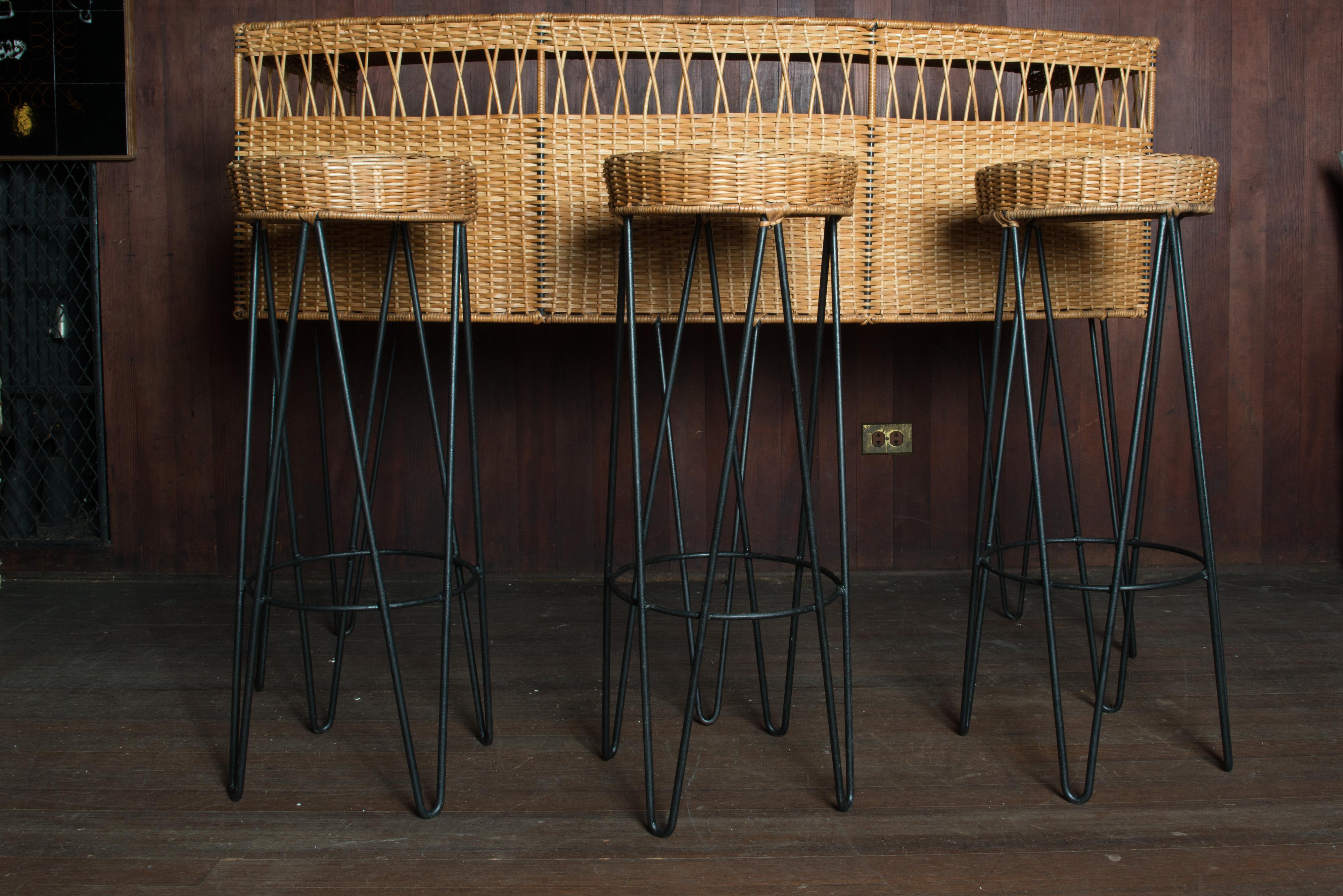Mid-Century Modern Cote D'Azur Curved Rattan Bar and Three Stools
